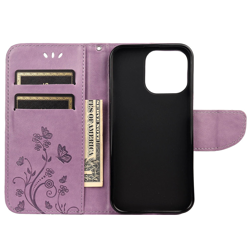 All-round protective Butterfly Flower Imprint Leather Wallet Phone Stand Case for iPhone 13 Pro 6.1 inch