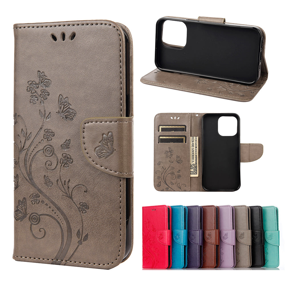 All-round protective Butterfly Flower Imprint Leather Wallet Phone Stand Case for iPhone 13 Pro 6.1 inch