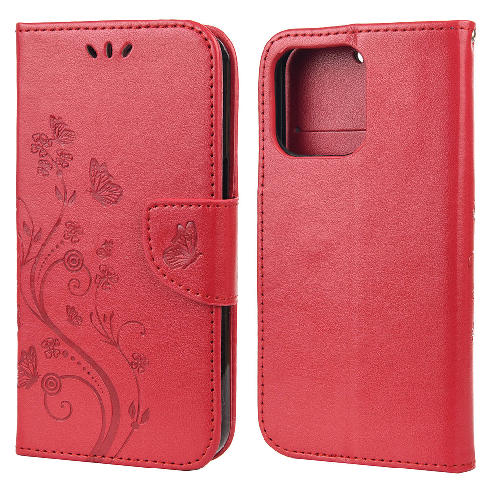 All-round protective Butterfly Flower Imprint Leather Wallet Phone Stand Case for iPhone 13 Pro 6.1 inch