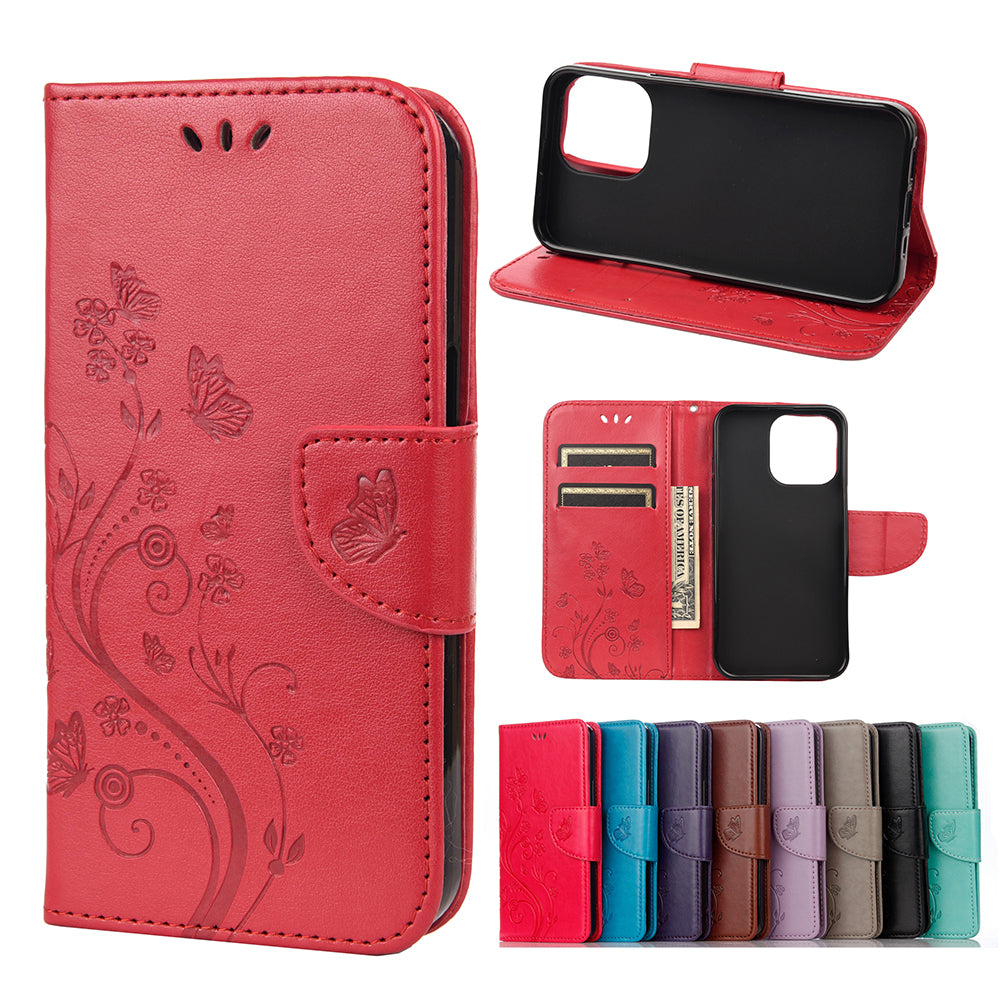 All-round protective Butterfly Flower Imprint Leather Wallet Phone Stand Case for iPhone 13 Pro 6.1 inch