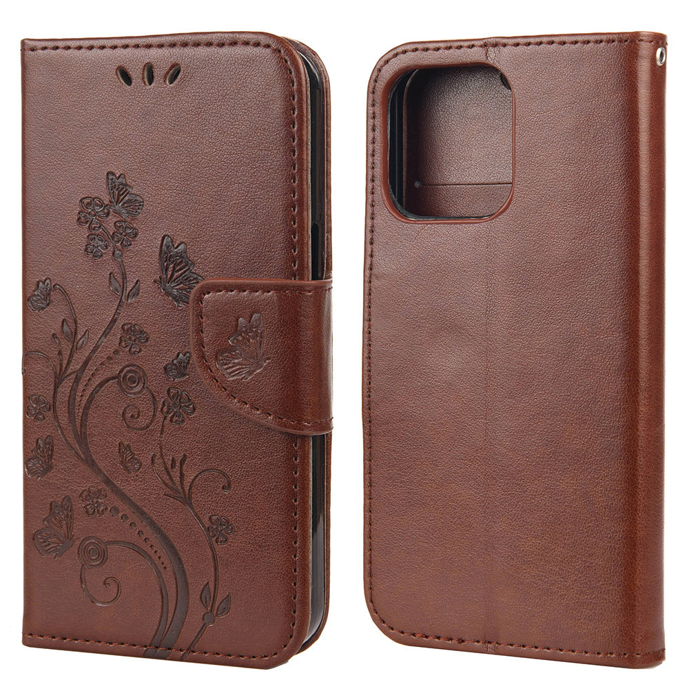 All-round protective Butterfly Flower Imprint Leather Wallet Phone Stand Case for iPhone 13 Pro 6.1 inch