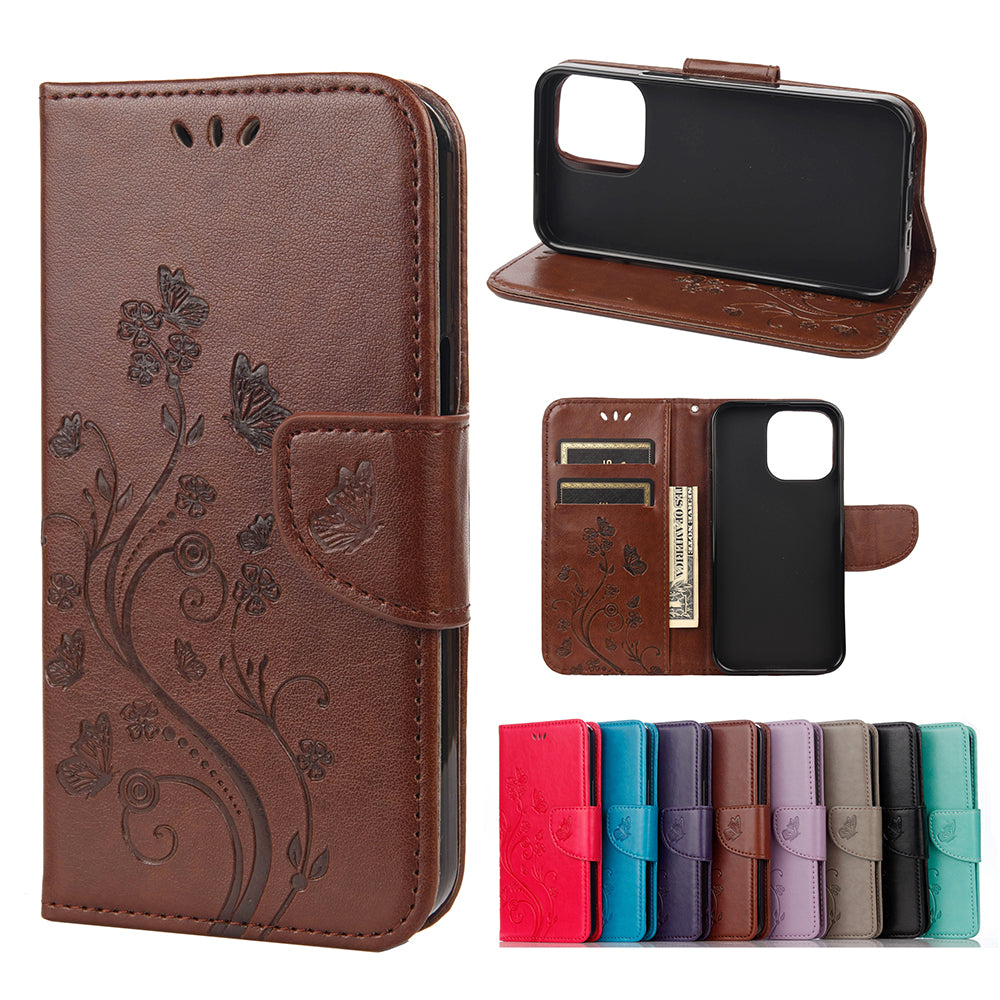 All-round protective Butterfly Flower Imprint Leather Wallet Phone Stand Case for iPhone 13 Pro 6.1 inch