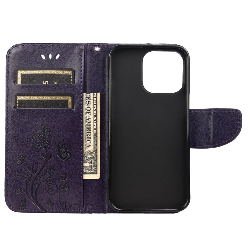 All-round protective Butterfly Flower Imprint Leather Wallet Phone Stand Case for iPhone 13 Pro 6.1 inch