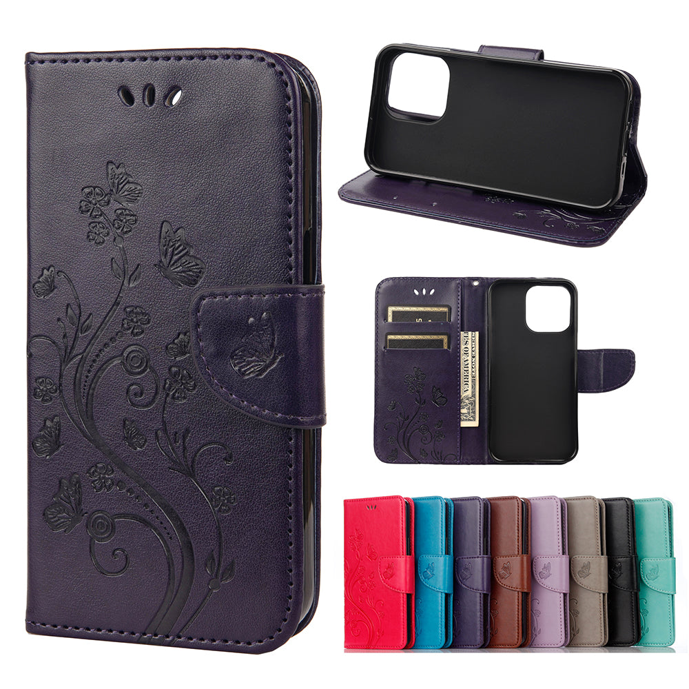 All-round protective Butterfly Flower Imprint Leather Wallet Phone Stand Case for iPhone 13 Pro 6.1 inch