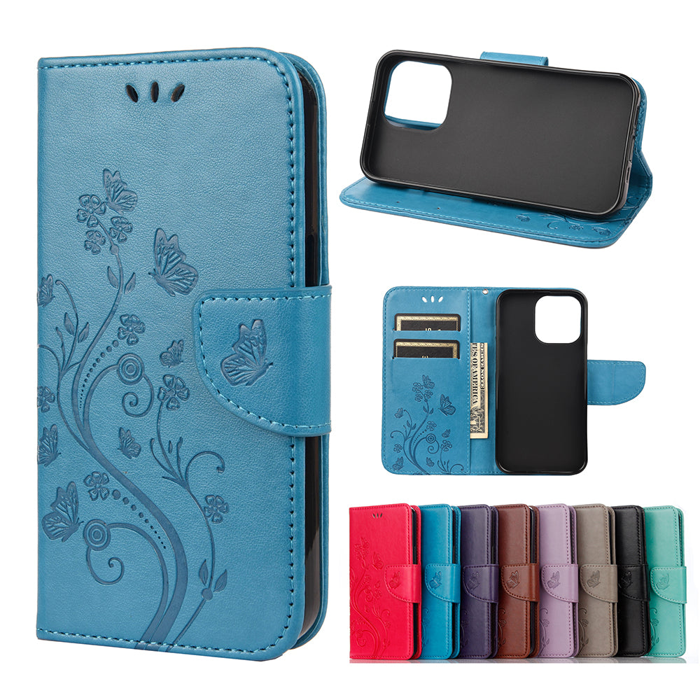 All-round protective Butterfly Flower Imprint Leather Wallet Phone Stand Case for iPhone 13 Pro 6.1 inch