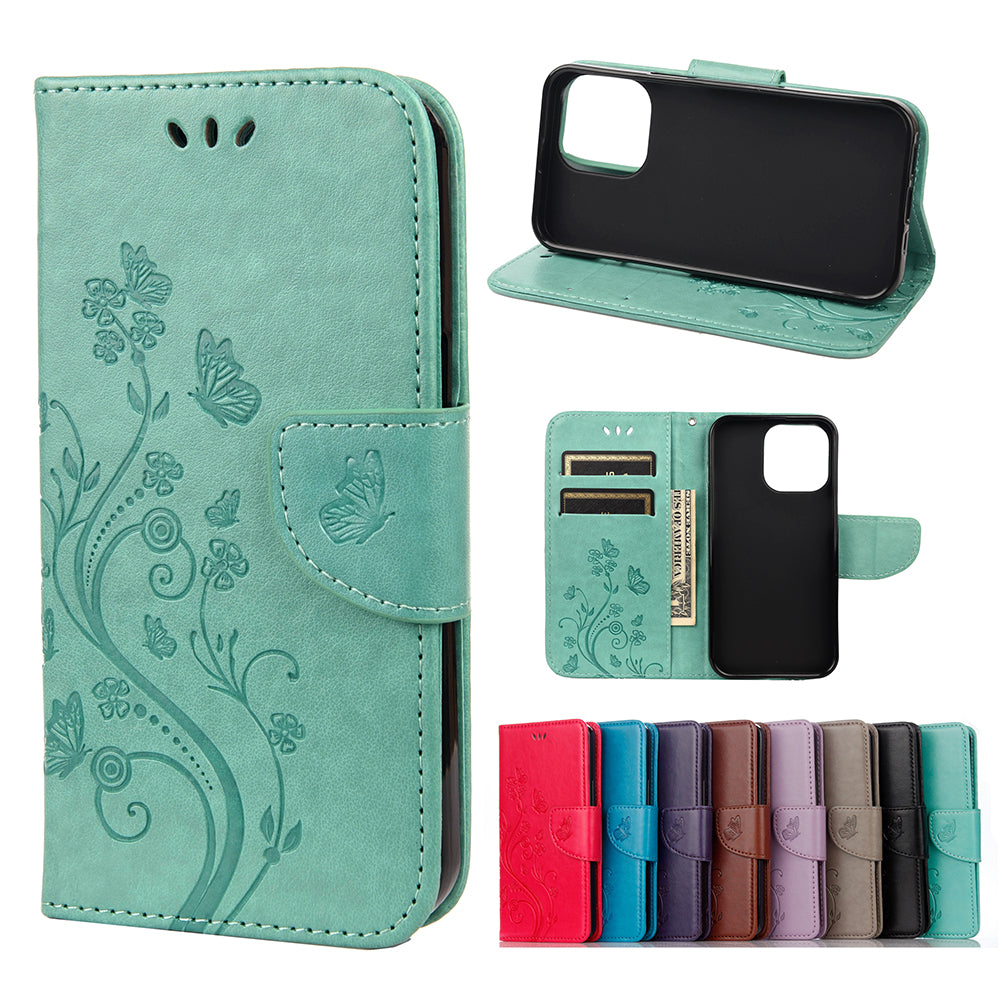 All-round protective Butterfly Flower Imprint Leather Wallet Phone Stand Case for iPhone 13 Pro 6.1 inch