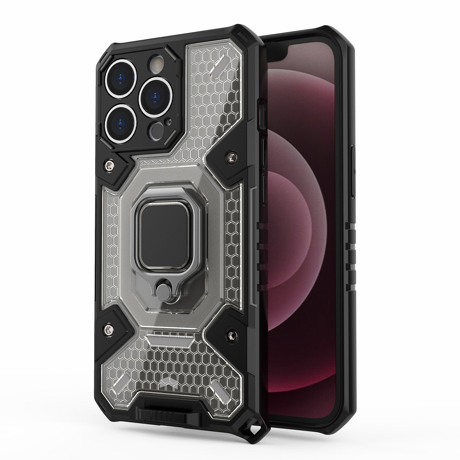 Well-protected PC+TPU Hybrid Case Magnetic Ring Kickstand Cover for iPhone 13 Pro Max 6.7 inch