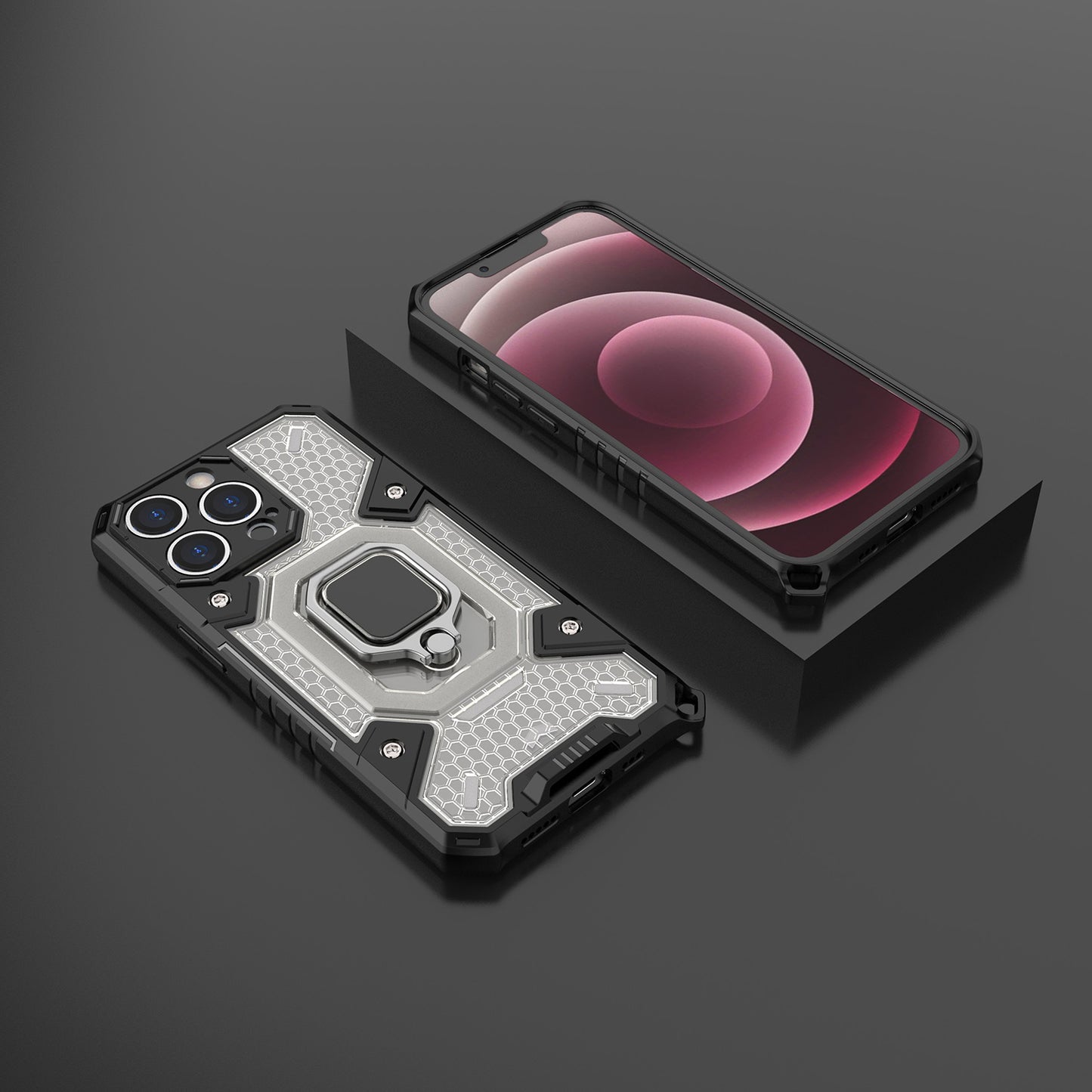 Well-protected PC+TPU Hybrid Case Magnetic Ring Kickstand Cover for iPhone 13 Pro Max 6.7 inch
