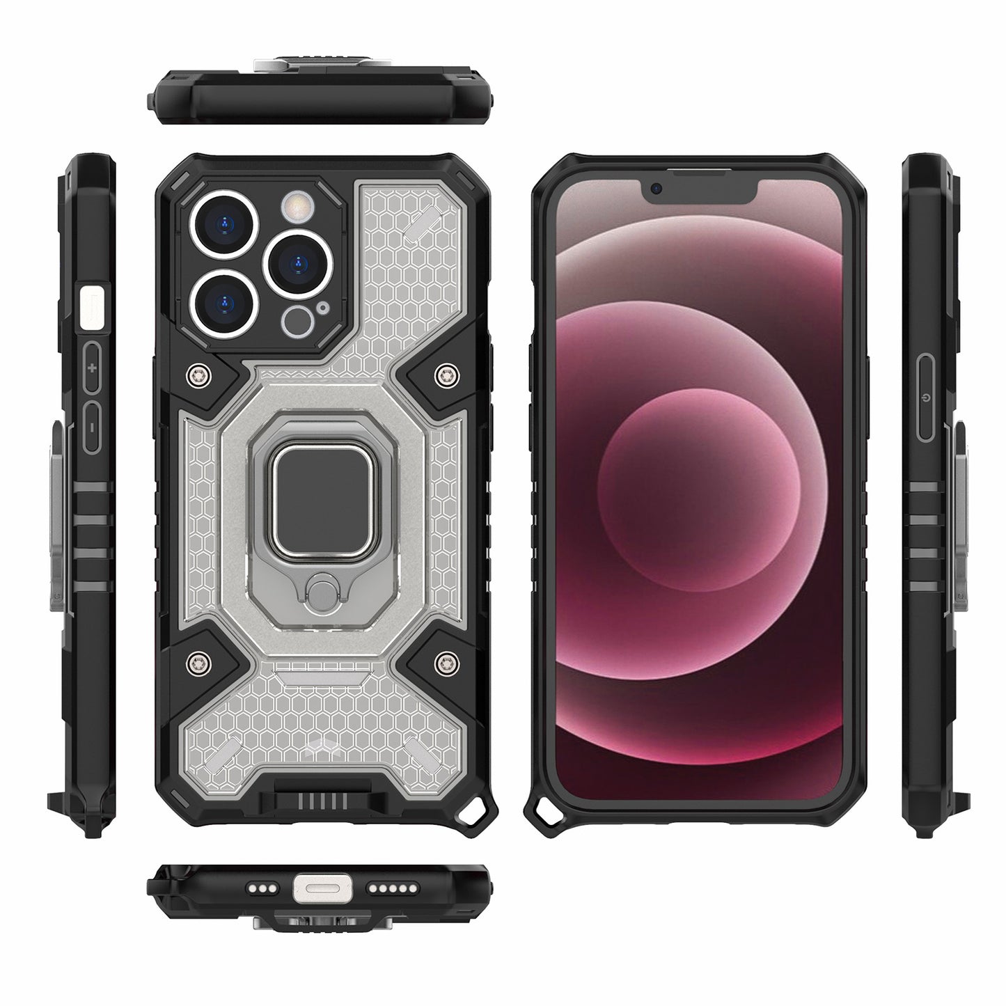 Well-protected PC+TPU Hybrid Case Magnetic Ring Kickstand Cover for iPhone 13 Pro Max 6.7 inch