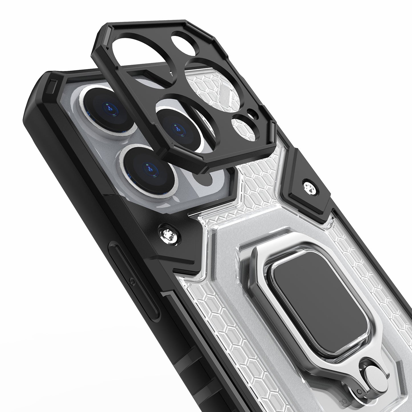 Well-protected PC+TPU Hybrid Case Magnetic Ring Kickstand Cover for iPhone 13 Pro Max 6.7 inch