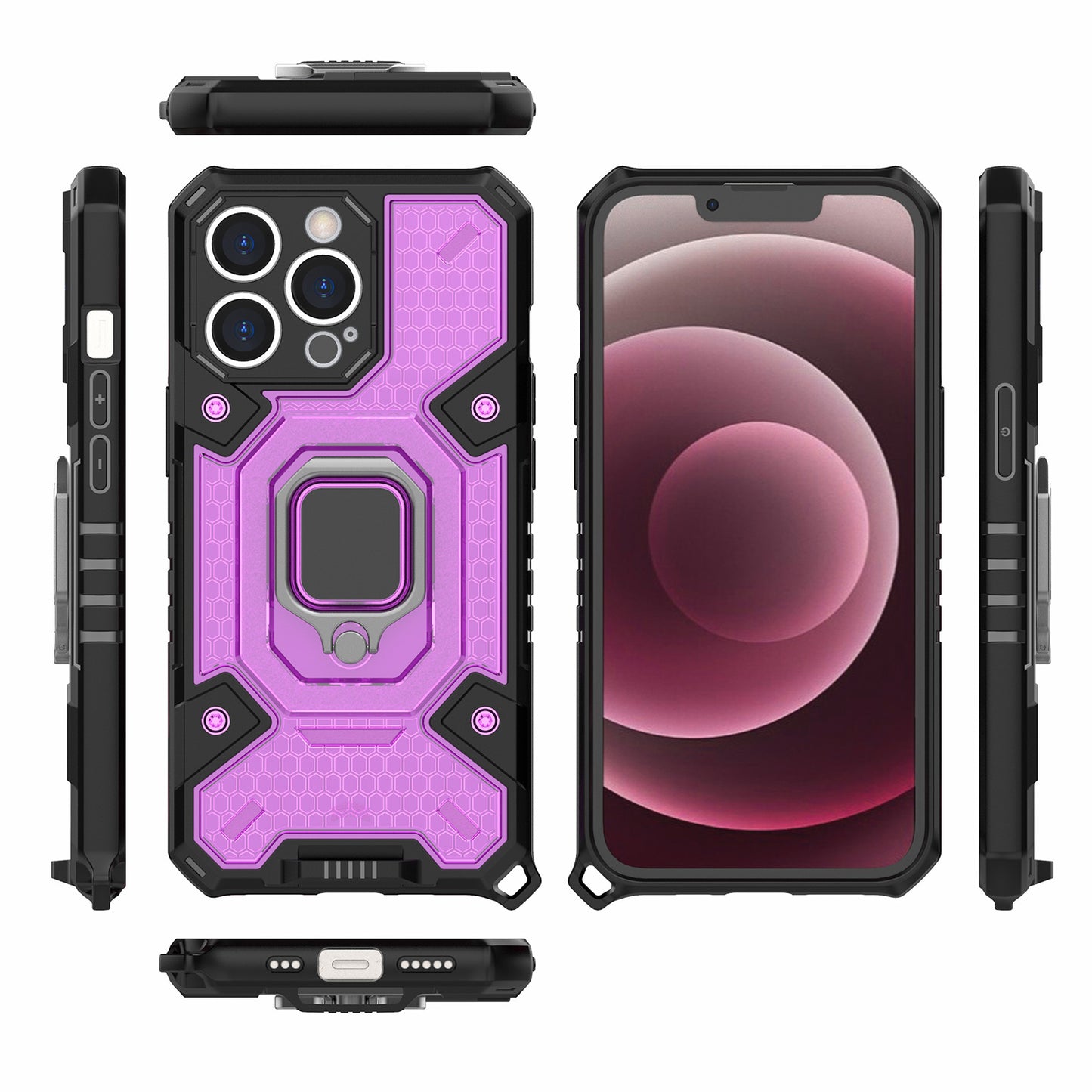 Well-protected PC+TPU Hybrid Case Magnetic Ring Kickstand Cover for iPhone 13 Pro Max 6.7 inch