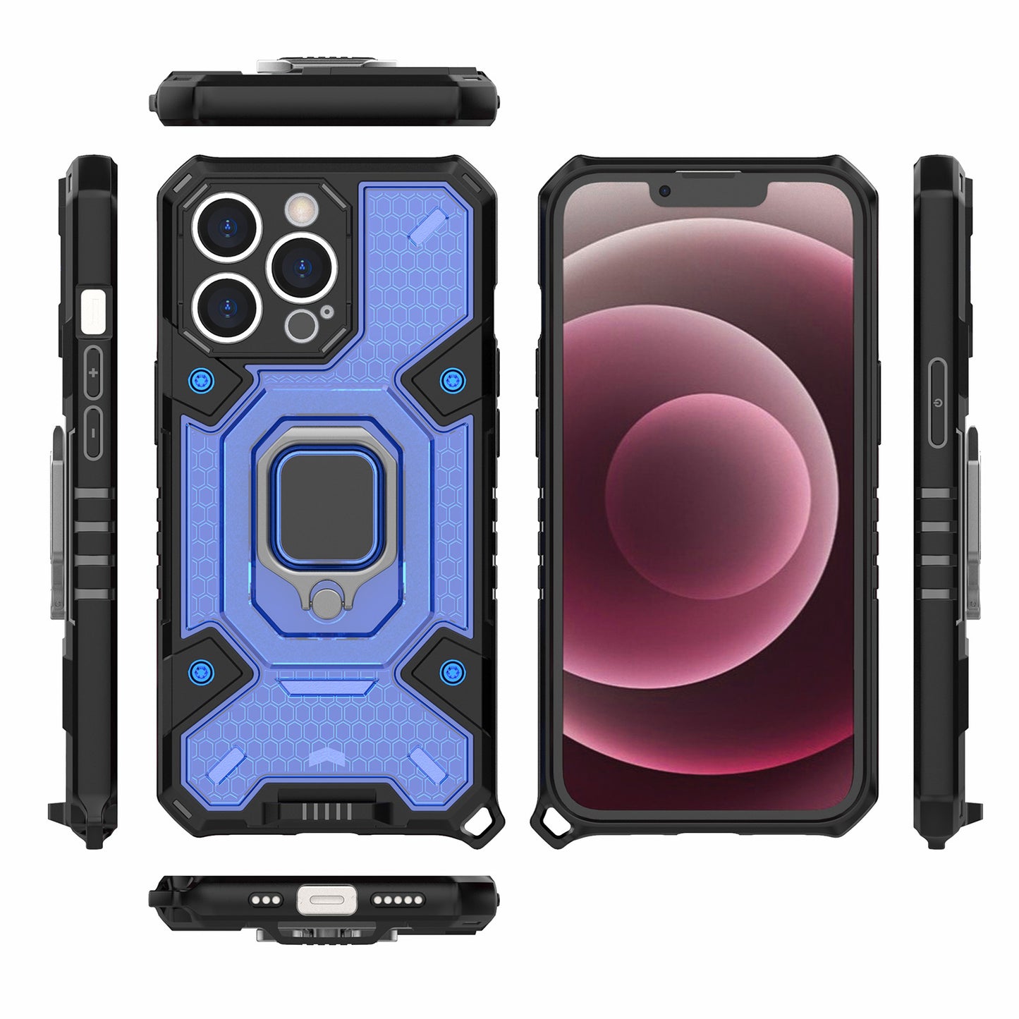 Well-protected PC+TPU Hybrid Case Magnetic Ring Kickstand Cover for iPhone 13 Pro Max 6.7 inch