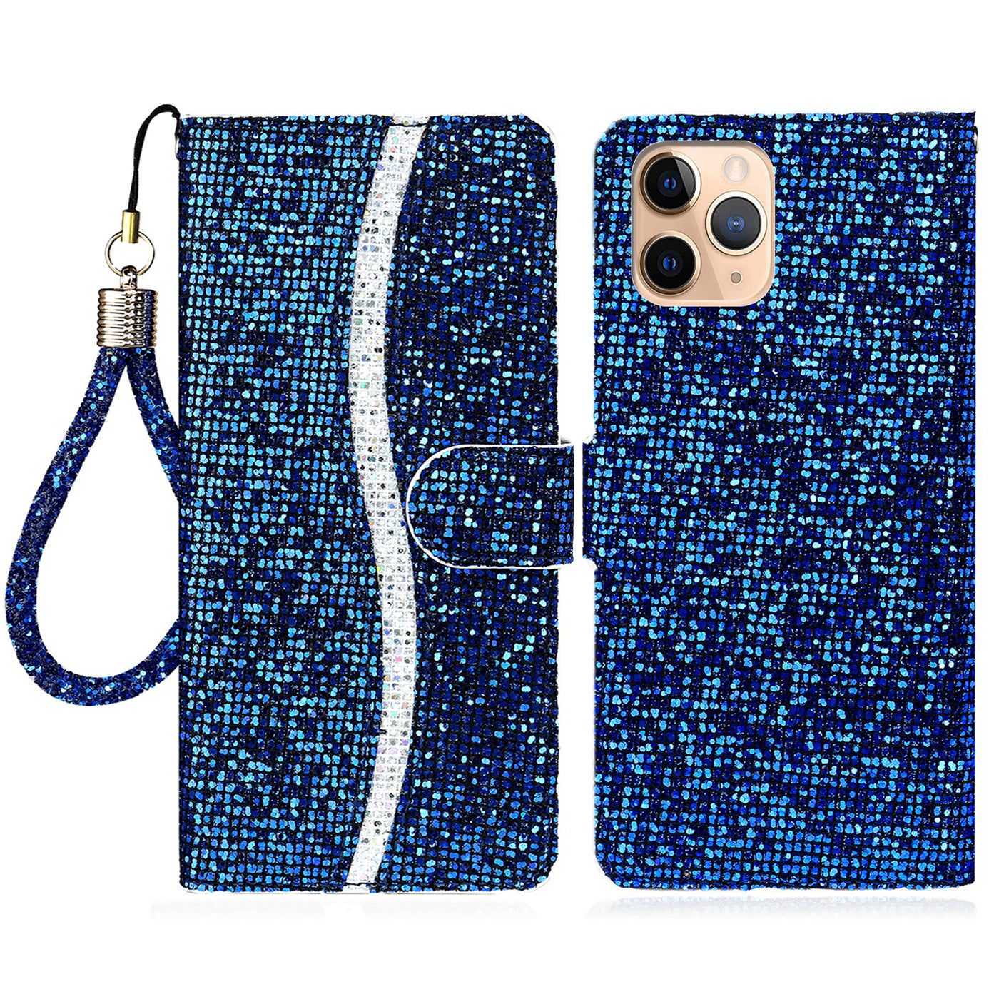 Well-protected Glittery Powder Leather Wallet Phone Stand Case with Strap for iPhone 13 Pro 6.1 inch
