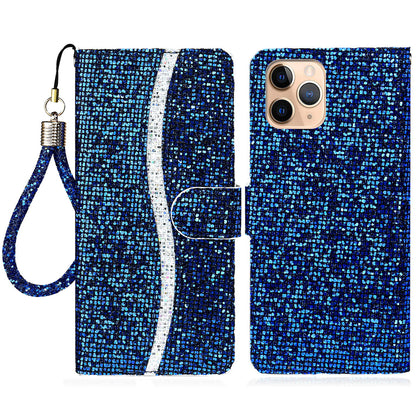 Well-protected Glittery Powder Leather Wallet Phone Stand Case with Strap for iPhone 13 Pro 6.1 inch