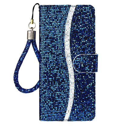 Well-protected Glittery Powder Leather Wallet Phone Stand Case with Strap for iPhone 13 Pro 6.1 inch