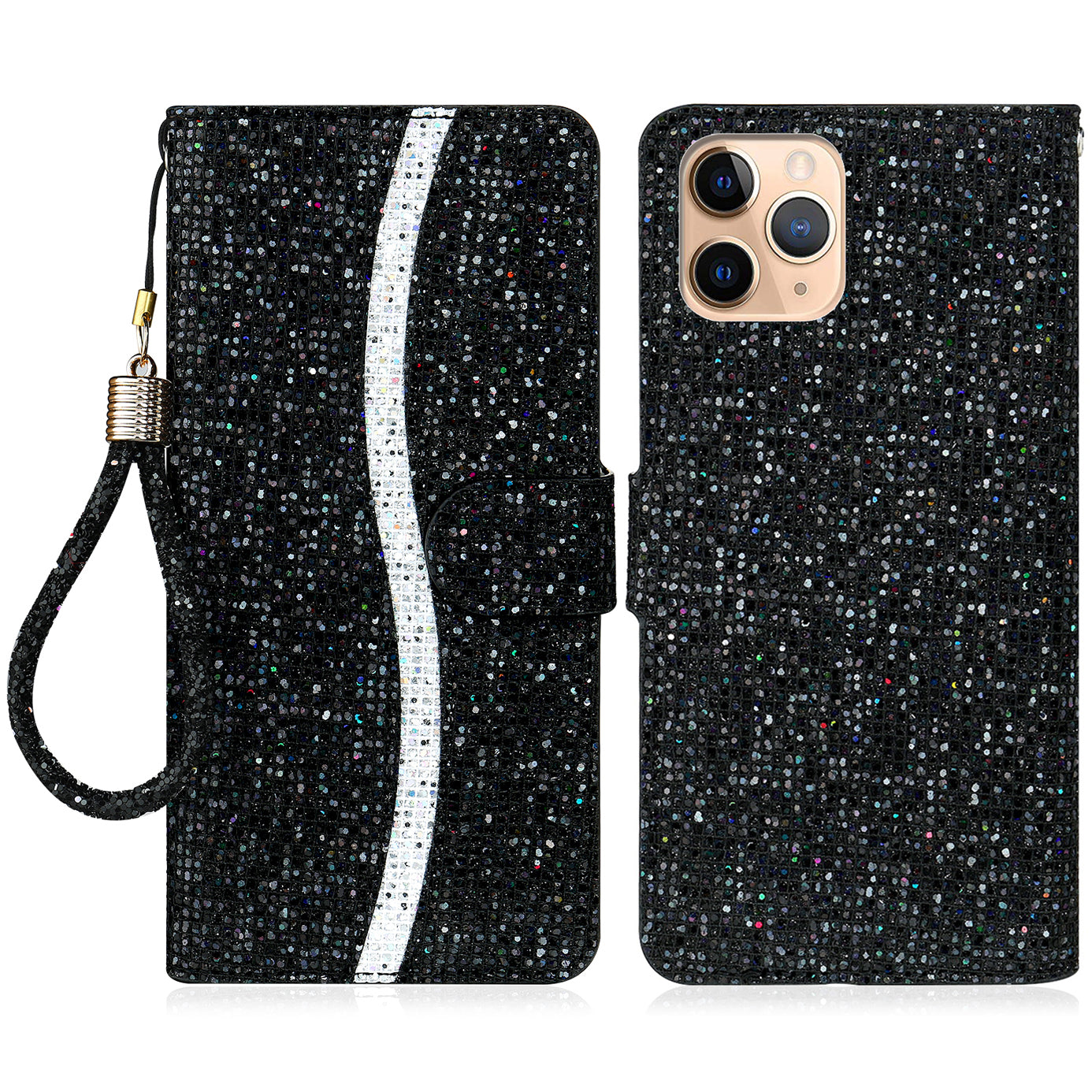 Well-protected Glittery Powder Leather Wallet Phone Stand Case with Strap for iPhone 13 Pro 6.1 inch