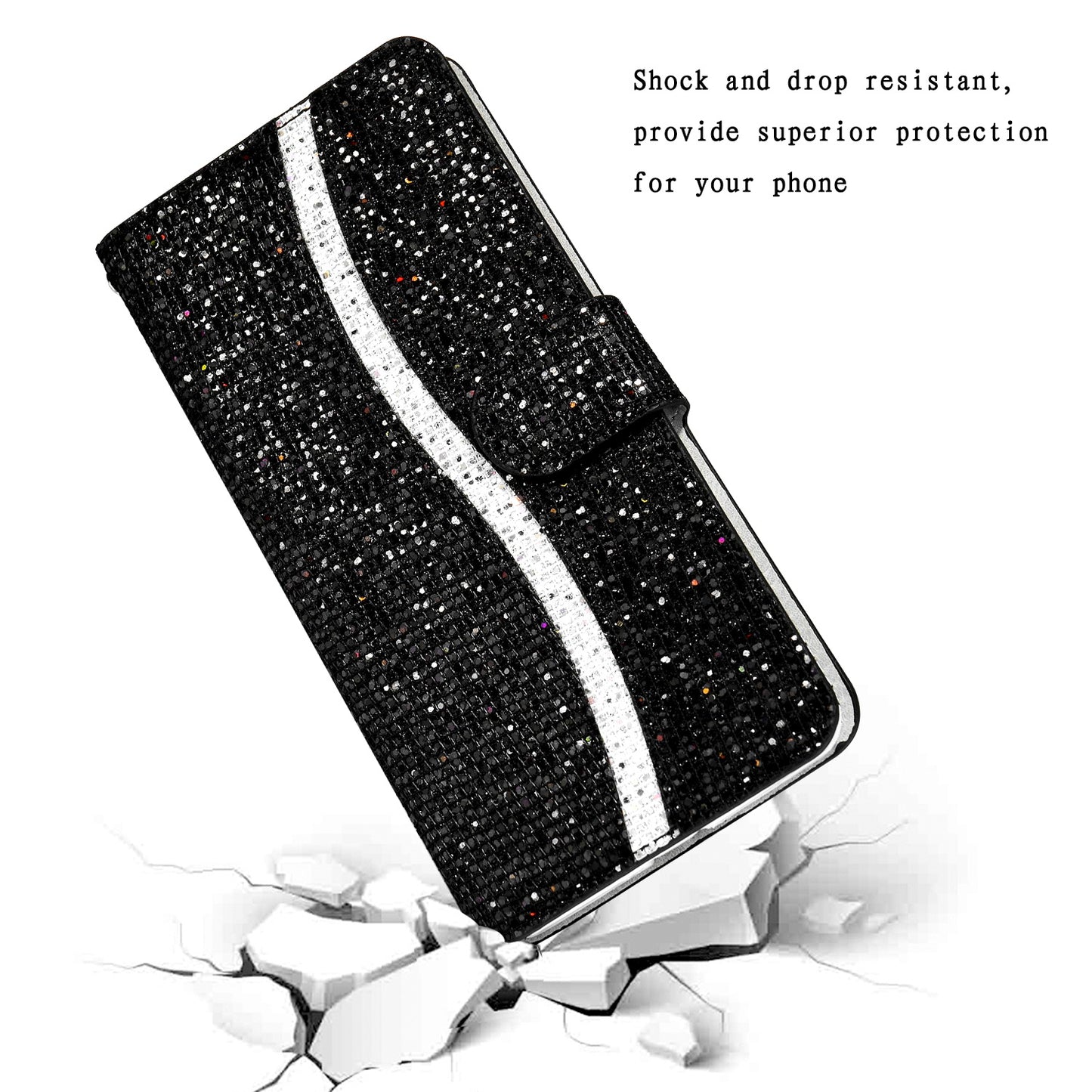 Well-protected Glittery Powder Leather Wallet Phone Stand Case with Strap for iPhone 13 Pro 6.1 inch