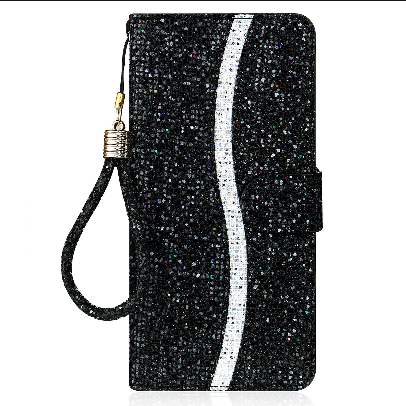 Well-protected Glittery Powder Leather Wallet Phone Stand Case with Strap for iPhone 13 Pro 6.1 inch