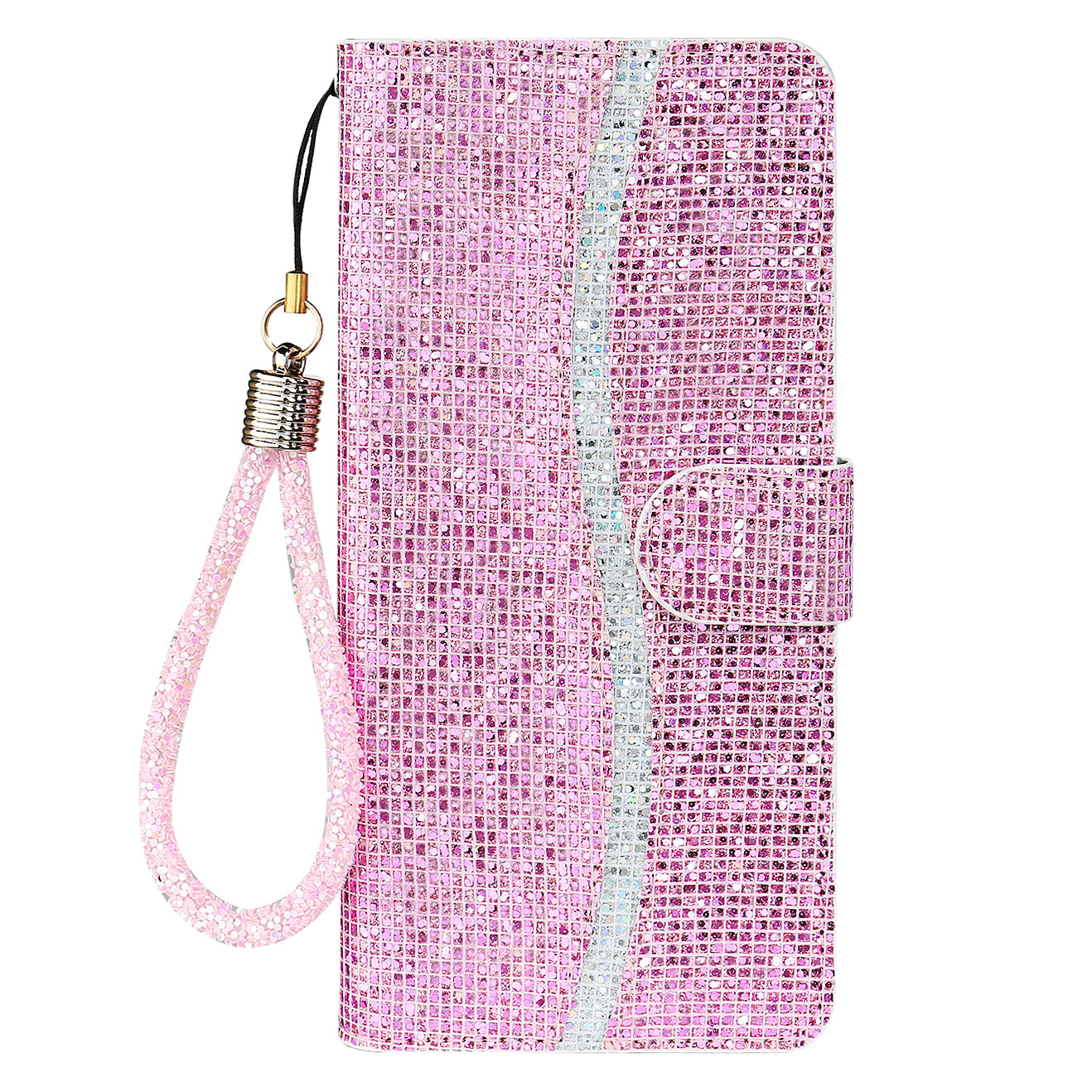 Well-protected Glittery Powder Leather Wallet Phone Stand Case with Strap for iPhone 13 Pro 6.1 inch