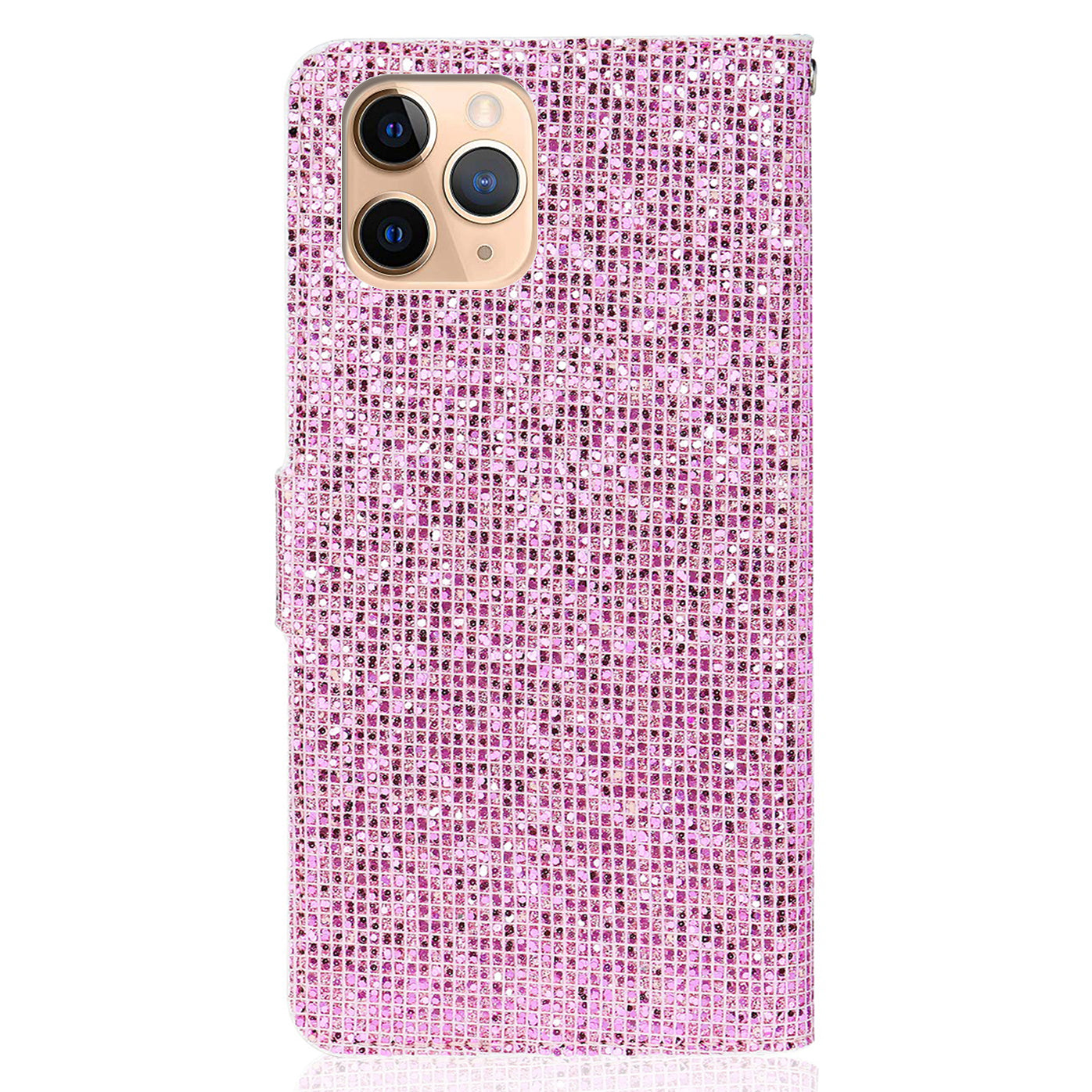 Well-protected Glittery Powder Leather Wallet Phone Stand Case with Strap for iPhone 13 Pro 6.1 inch