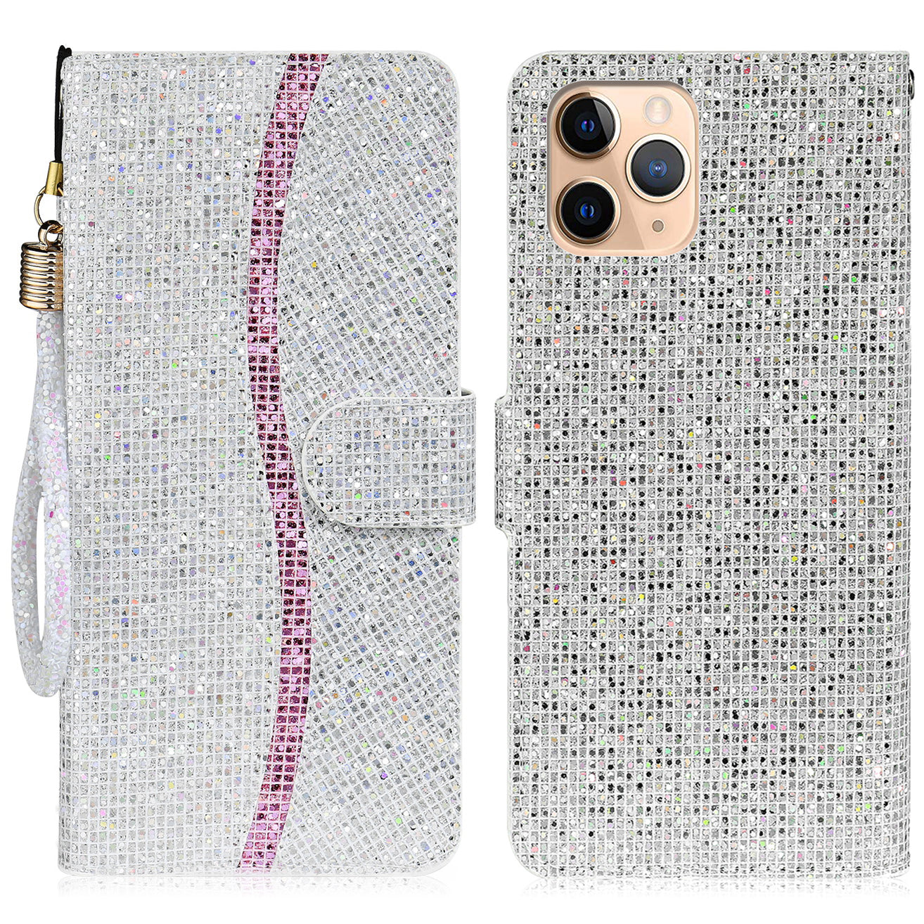 Well-protected Glittery Powder Leather Wallet Phone Stand Case with Strap for iPhone 13 Pro 6.1 inch