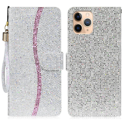 Well-protected Glittery Powder Leather Wallet Phone Stand Case with Strap for iPhone 13 Pro 6.1 inch