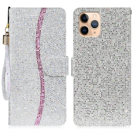 Well-protected Glittery Powder Leather Wallet Phone Stand Case with Strap for iPhone 13 Pro 6.1 inch