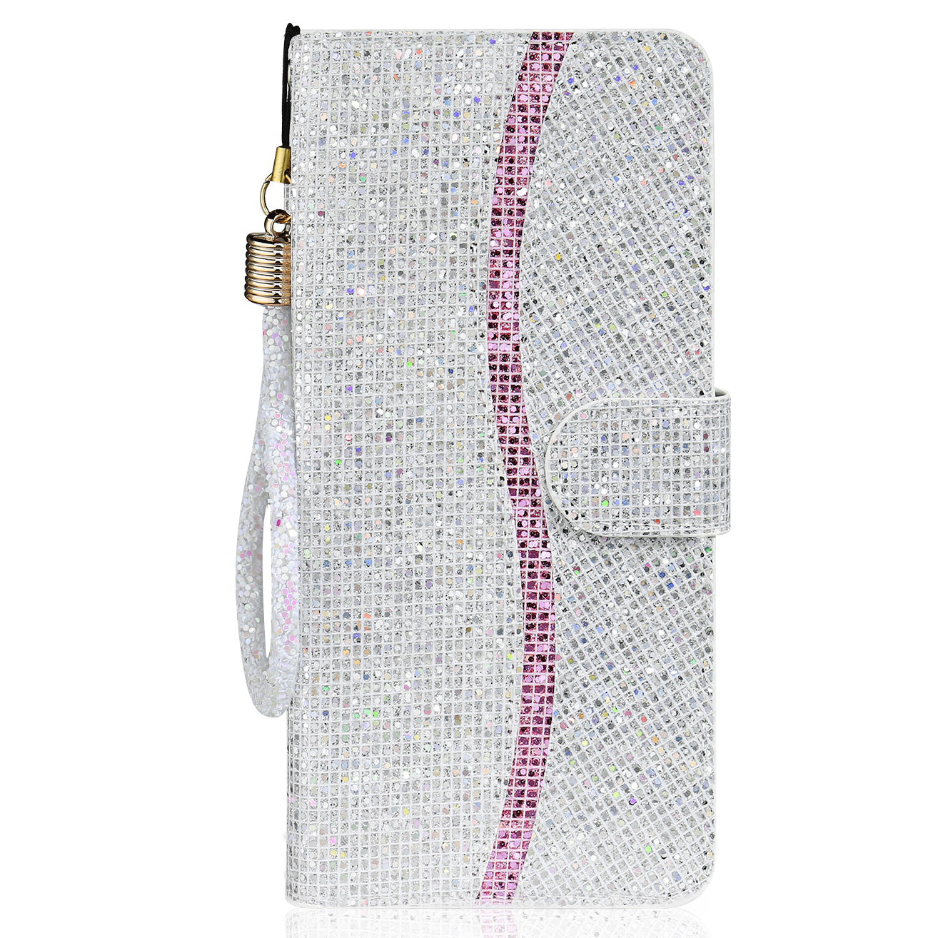 Well-protected Glittery Powder Leather Wallet Phone Stand Case with Strap for iPhone 13 Pro 6.1 inch