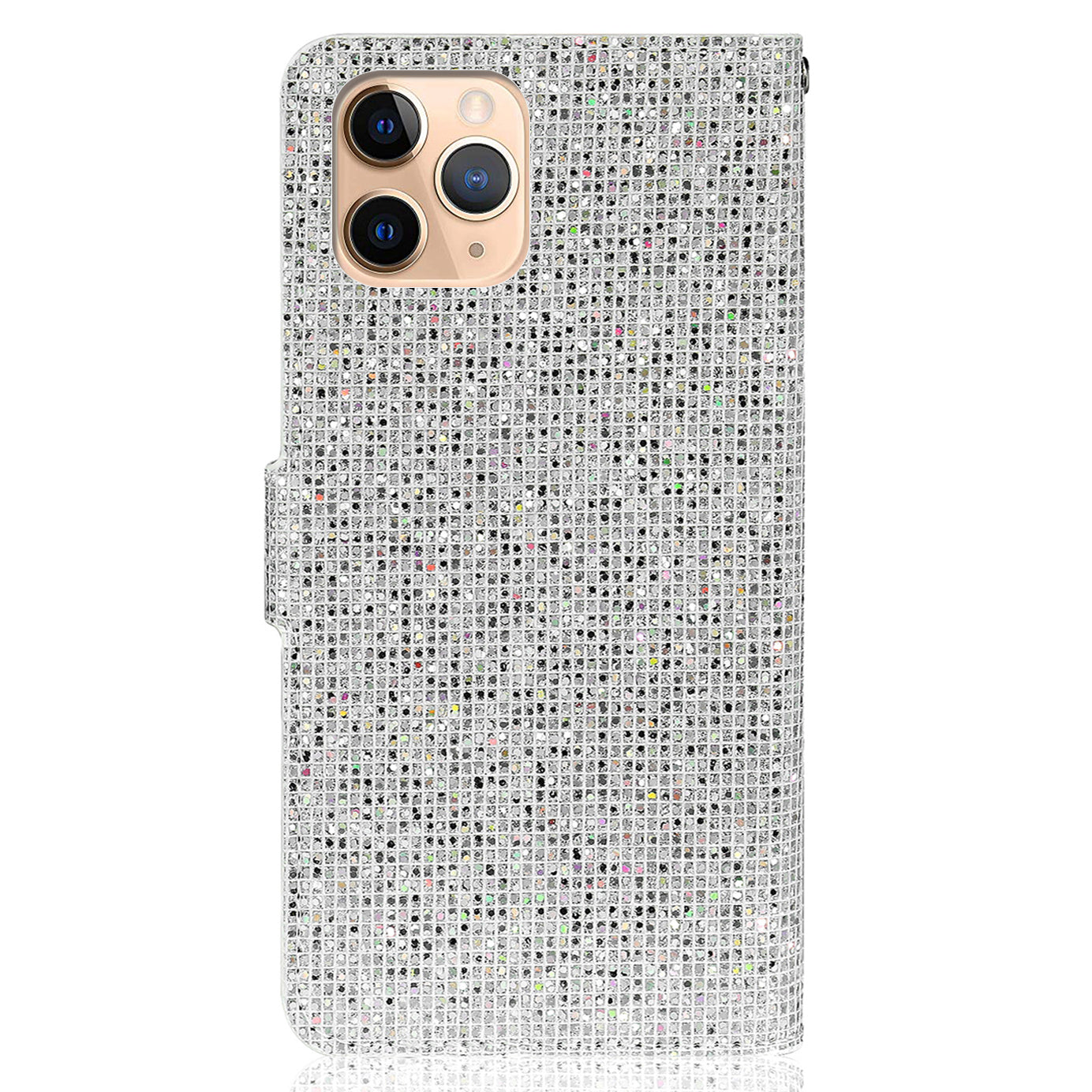 Well-protected Glittery Powder Leather Wallet Phone Stand Case with Strap for iPhone 13 Pro 6.1 inch