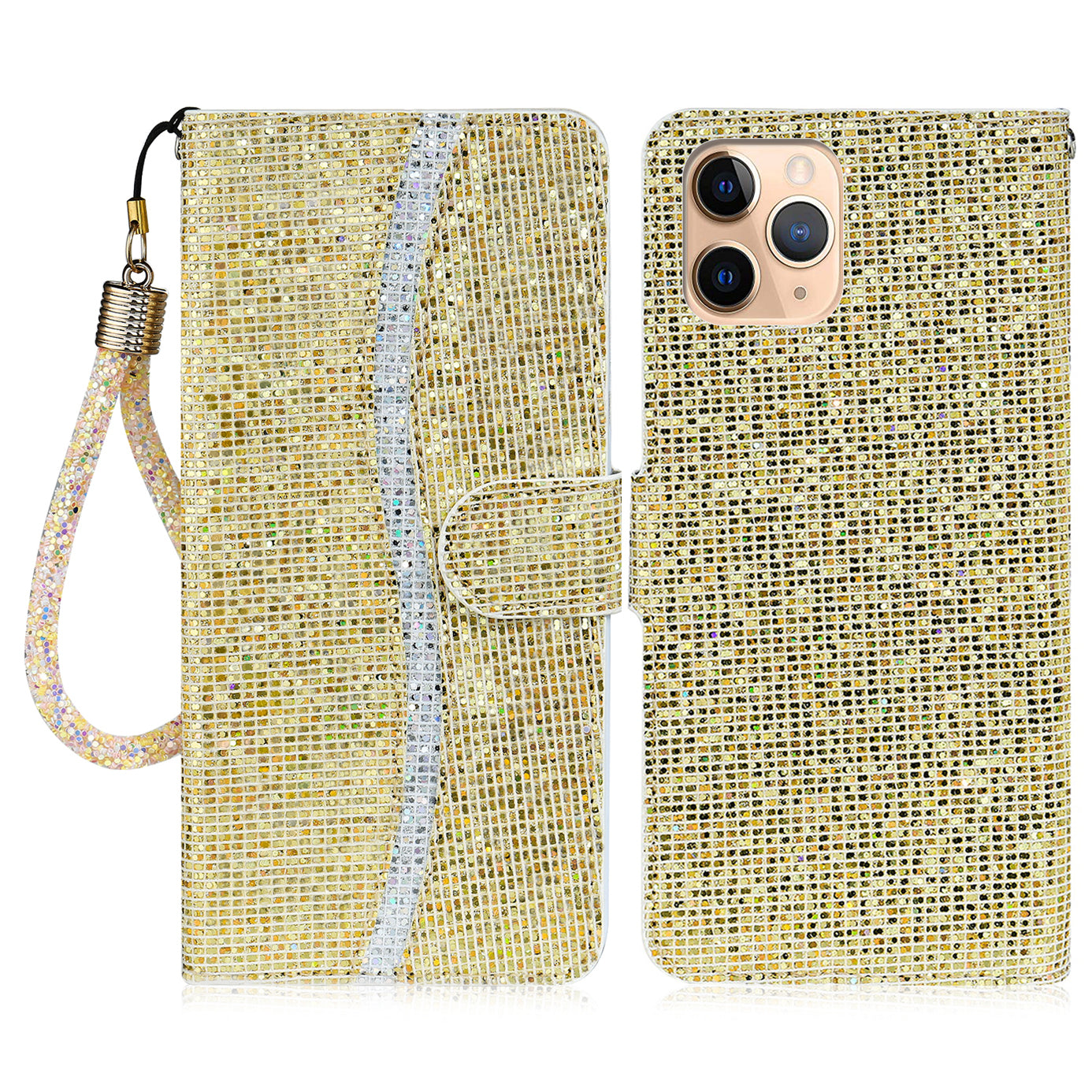 Well-protected Glittery Powder Leather Wallet Phone Stand Case with Strap for iPhone 13 Pro 6.1 inch