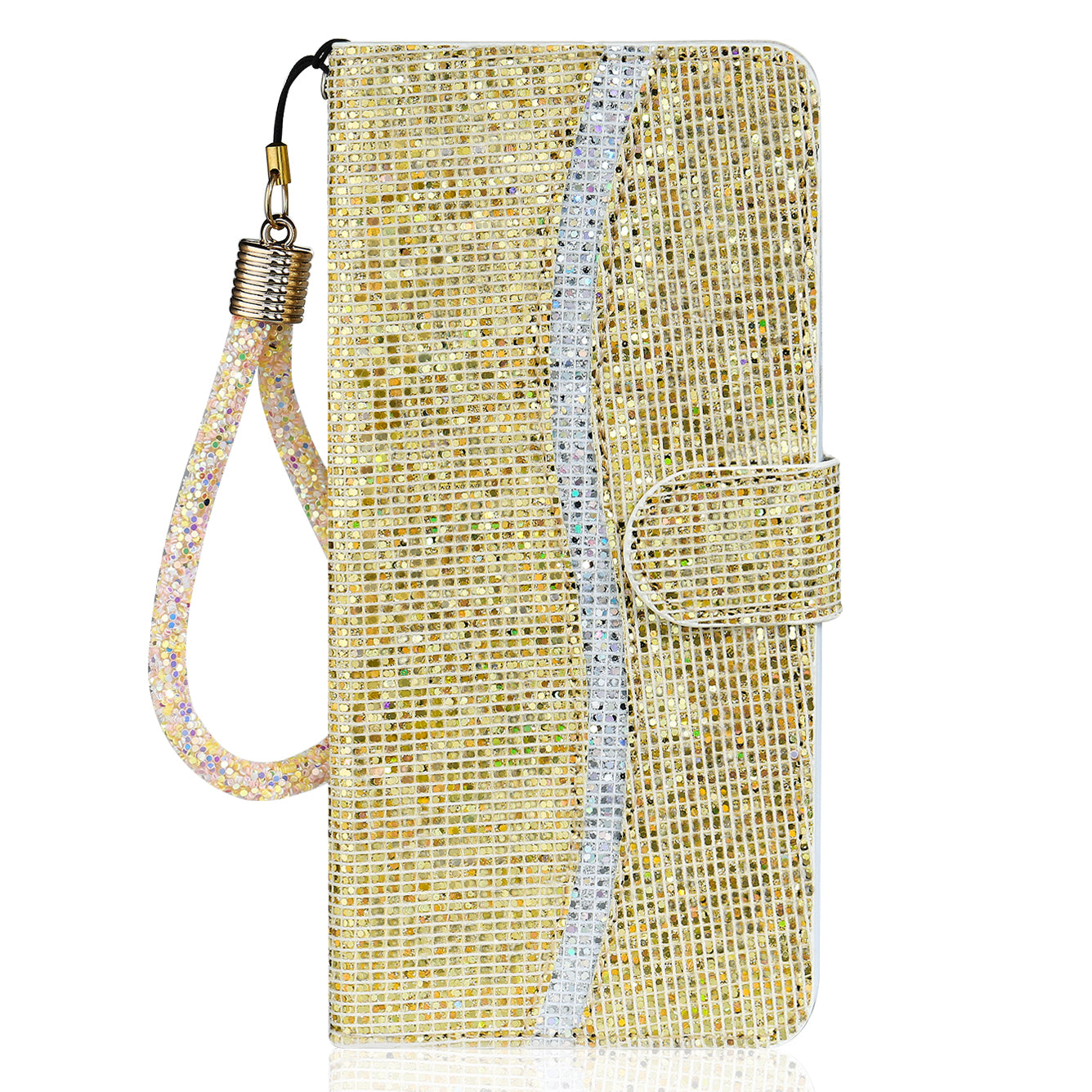 Well-protected Glittery Powder Leather Wallet Phone Stand Case with Strap for iPhone 13 Pro 6.1 inch