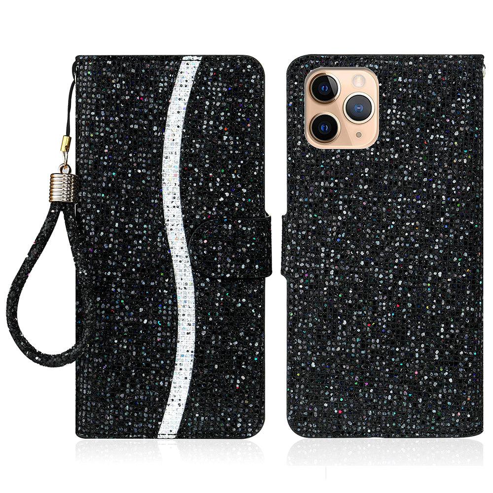 Glittery Powder Leather Wallet Phone Protective Case with Stand and Strap for iPhone 13 Pro Max 6.7 inch