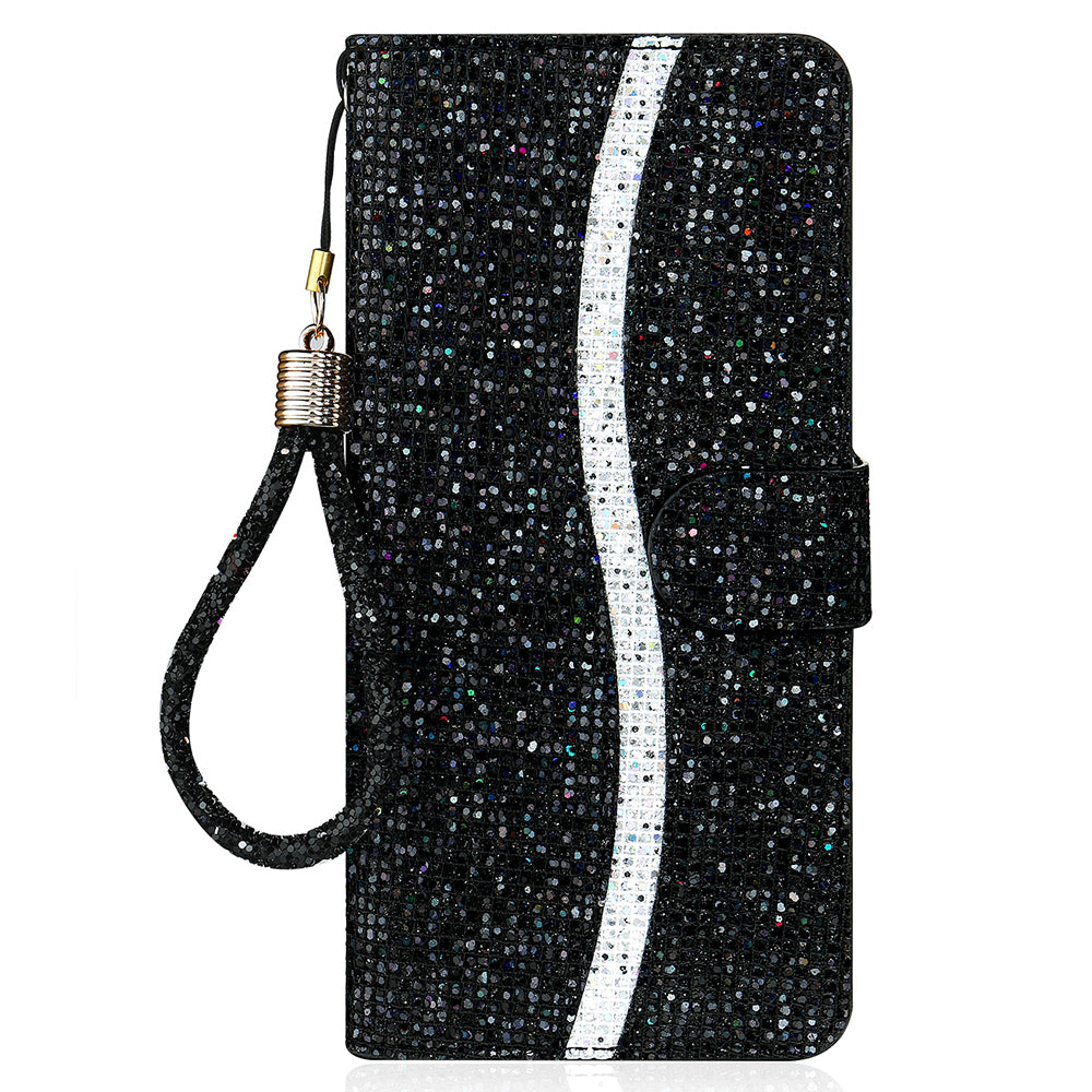 Glittery Powder Leather Wallet Phone Protective Case with Stand and Strap for iPhone 13 Pro Max 6.7 inch