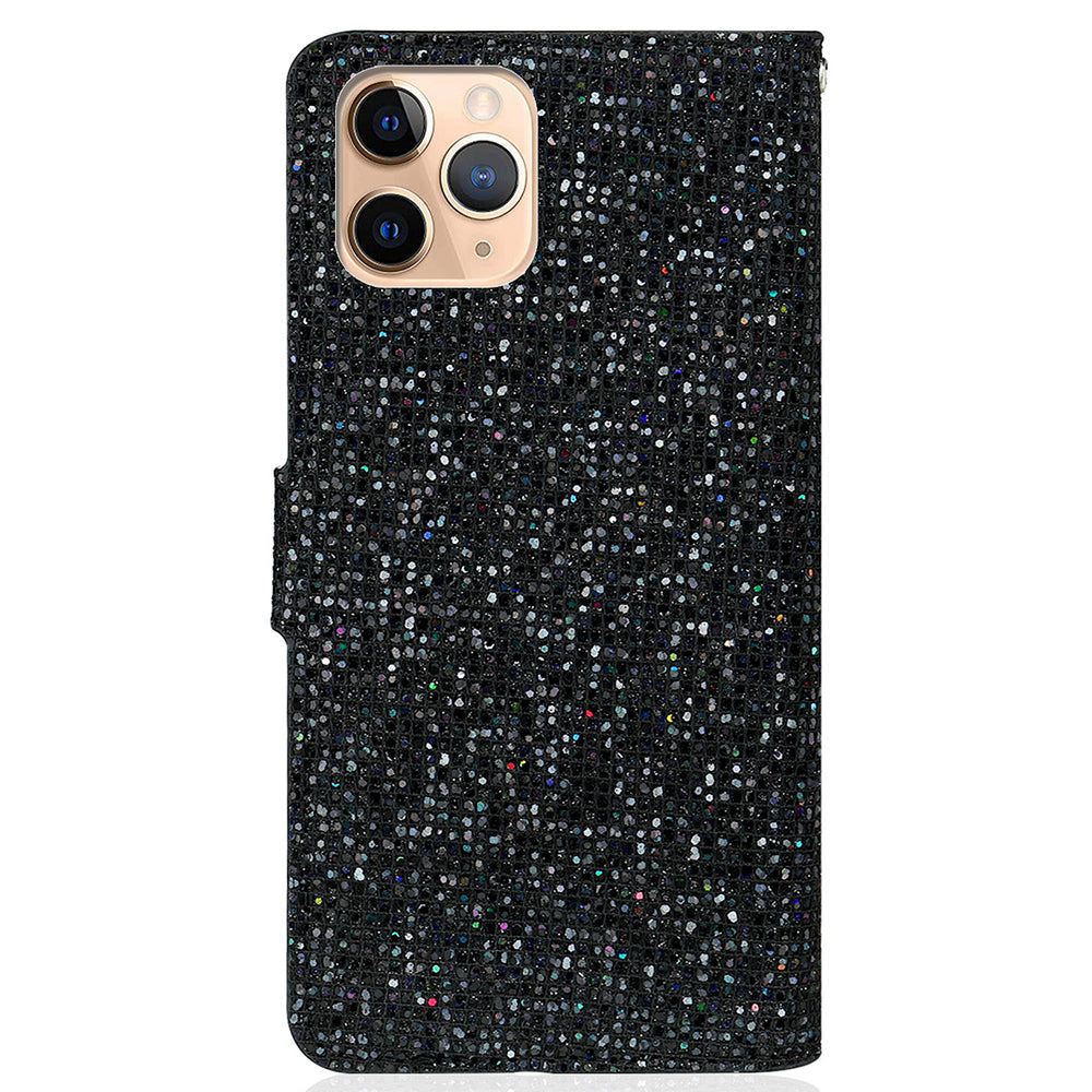 Glittery Powder Leather Wallet Phone Protective Case with Stand and Strap for iPhone 13 Pro Max 6.7 inch