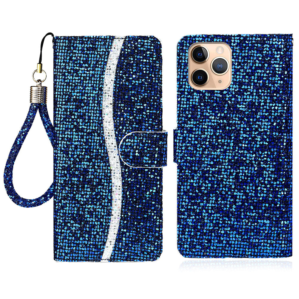 Glittery Powder Leather Wallet Phone Protective Case with Stand and Strap for iPhone 13 Pro Max 6.7 inch