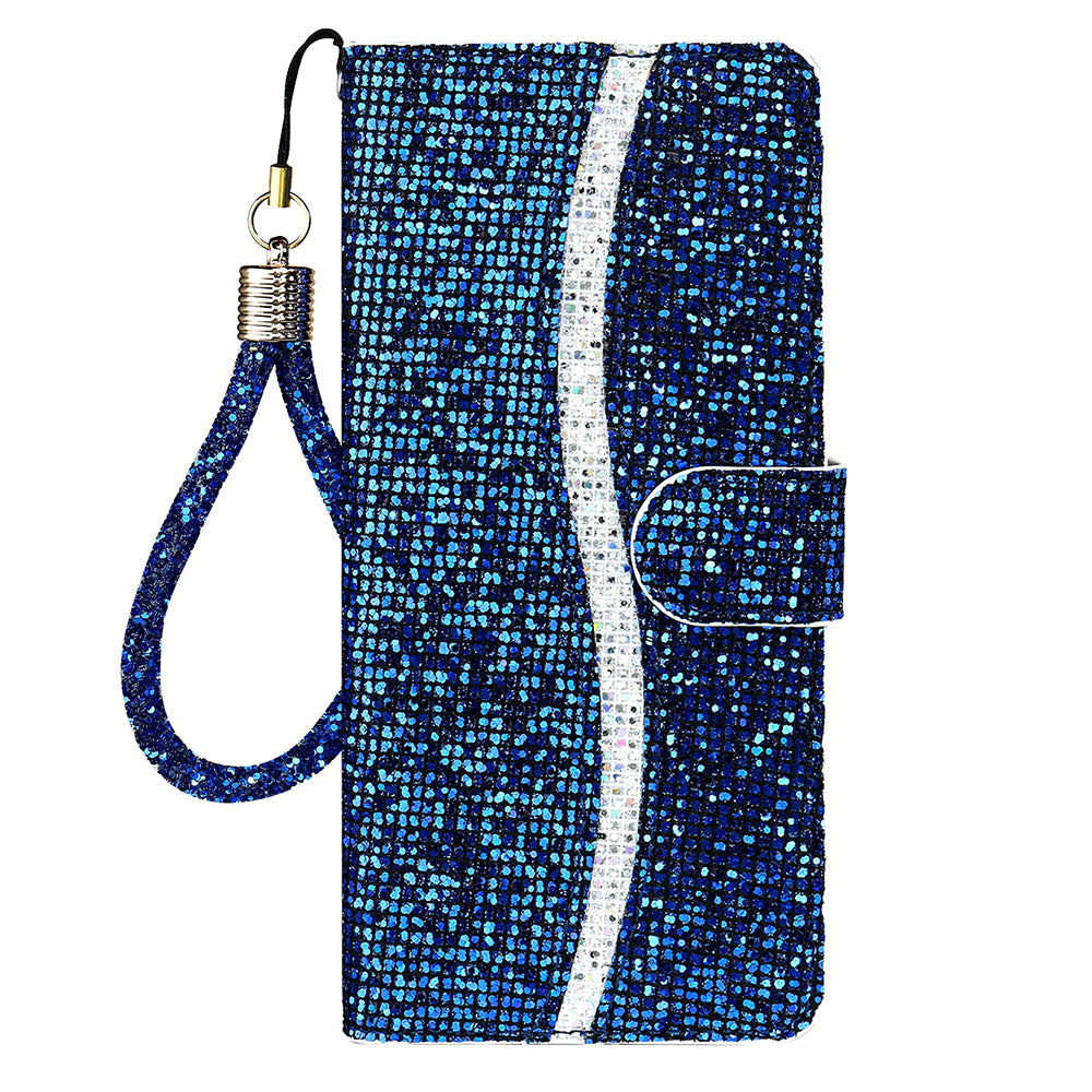 Glittery Powder Leather Wallet Phone Protective Case with Stand and Strap for iPhone 13 Pro Max 6.7 inch