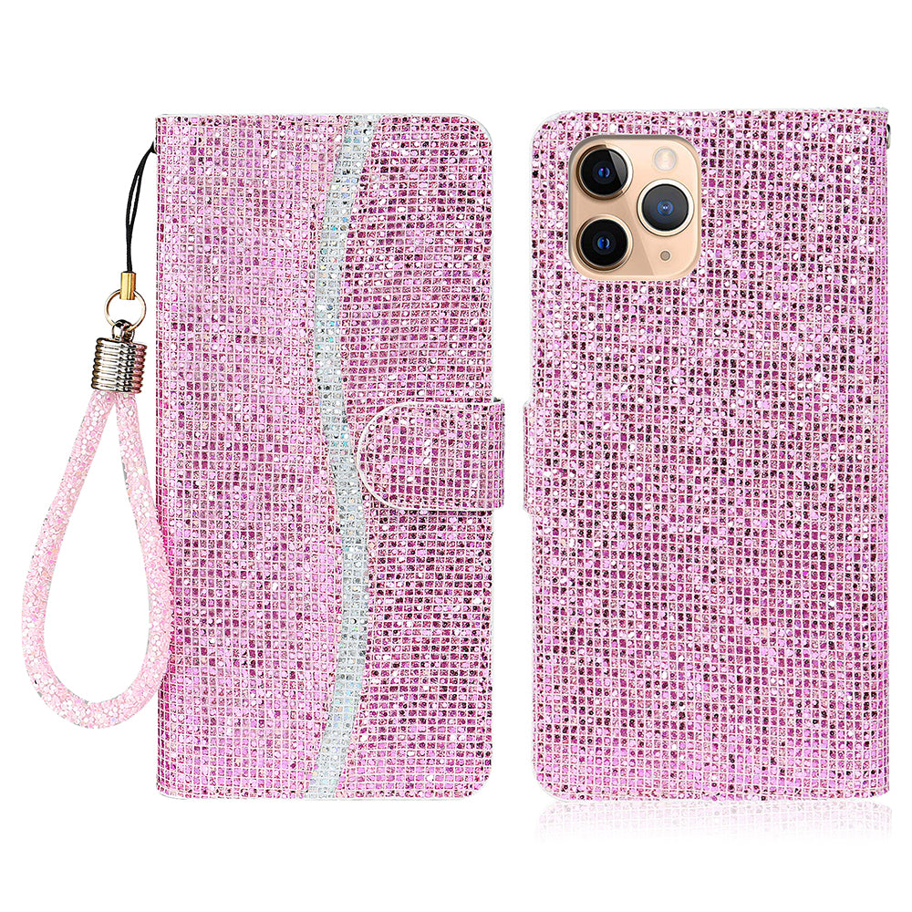 Glittery Powder Leather Wallet Phone Protective Case with Stand and Strap for iPhone 13 Pro Max 6.7 inch