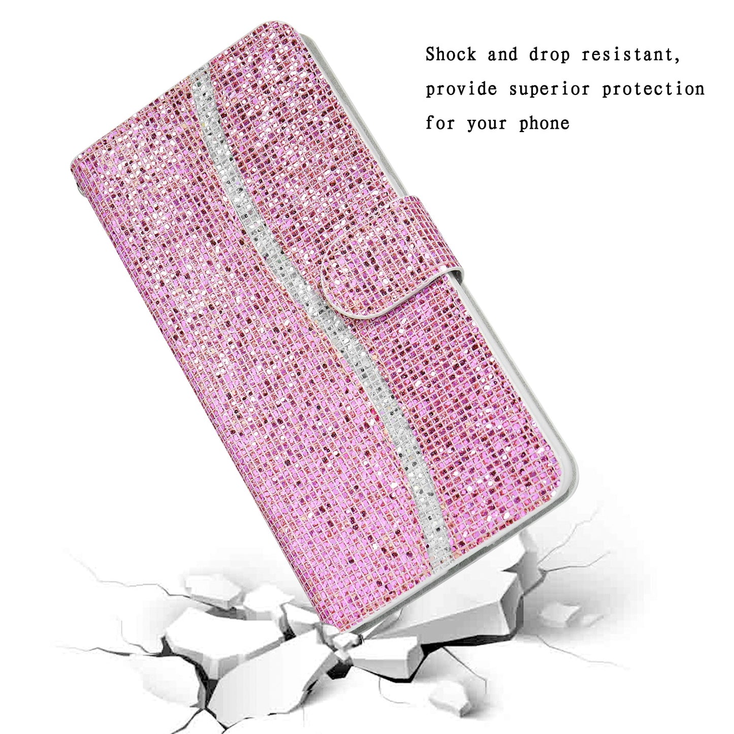 Glittery Powder Leather Wallet Phone Protective Case with Stand and Strap for iPhone 13 Pro Max 6.7 inch