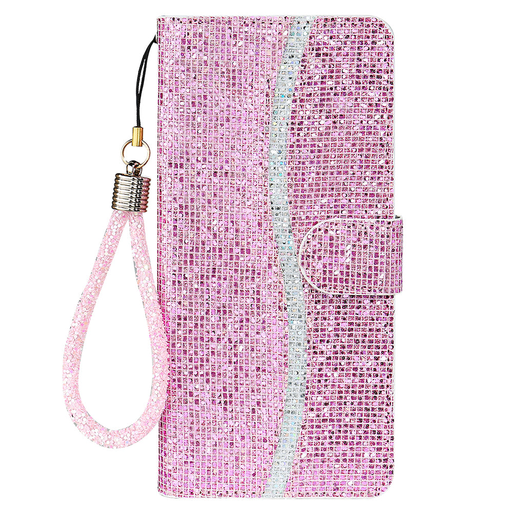 Glittery Powder Leather Wallet Phone Protective Case with Stand and Strap for iPhone 13 Pro Max 6.7 inch