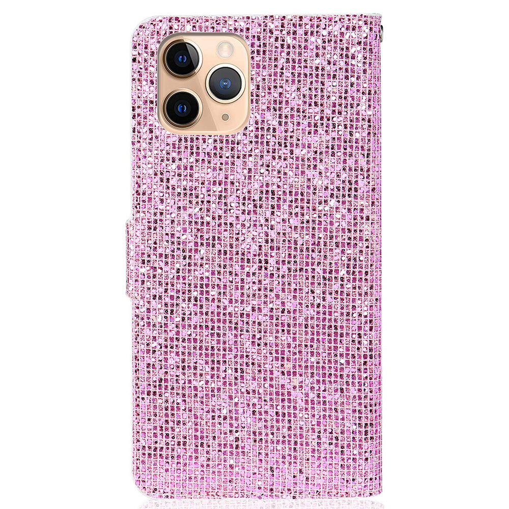 Glittery Powder Leather Wallet Phone Protective Case with Stand and Strap for iPhone 13 Pro Max 6.7 inch