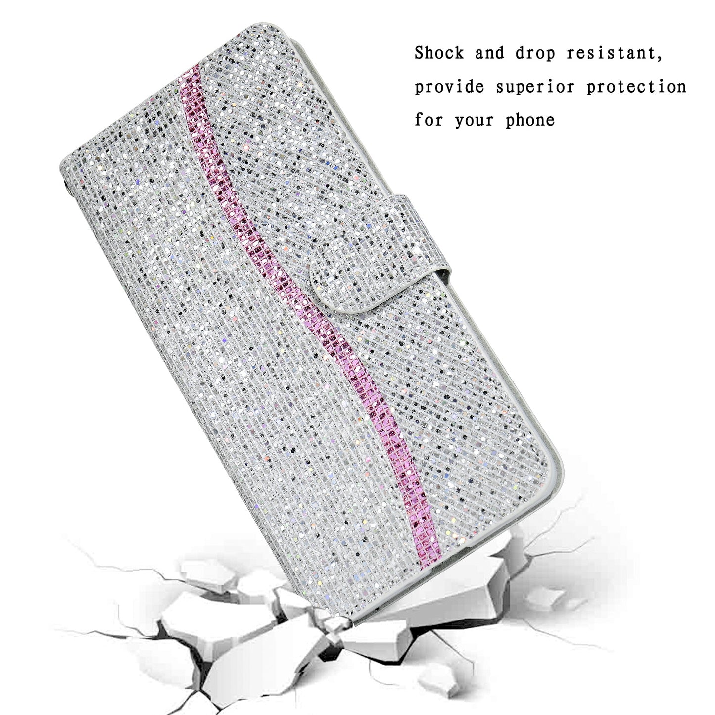 Glittery Powder Leather Wallet Phone Protective Case with Stand and Strap for iPhone 13 Pro Max 6.7 inch