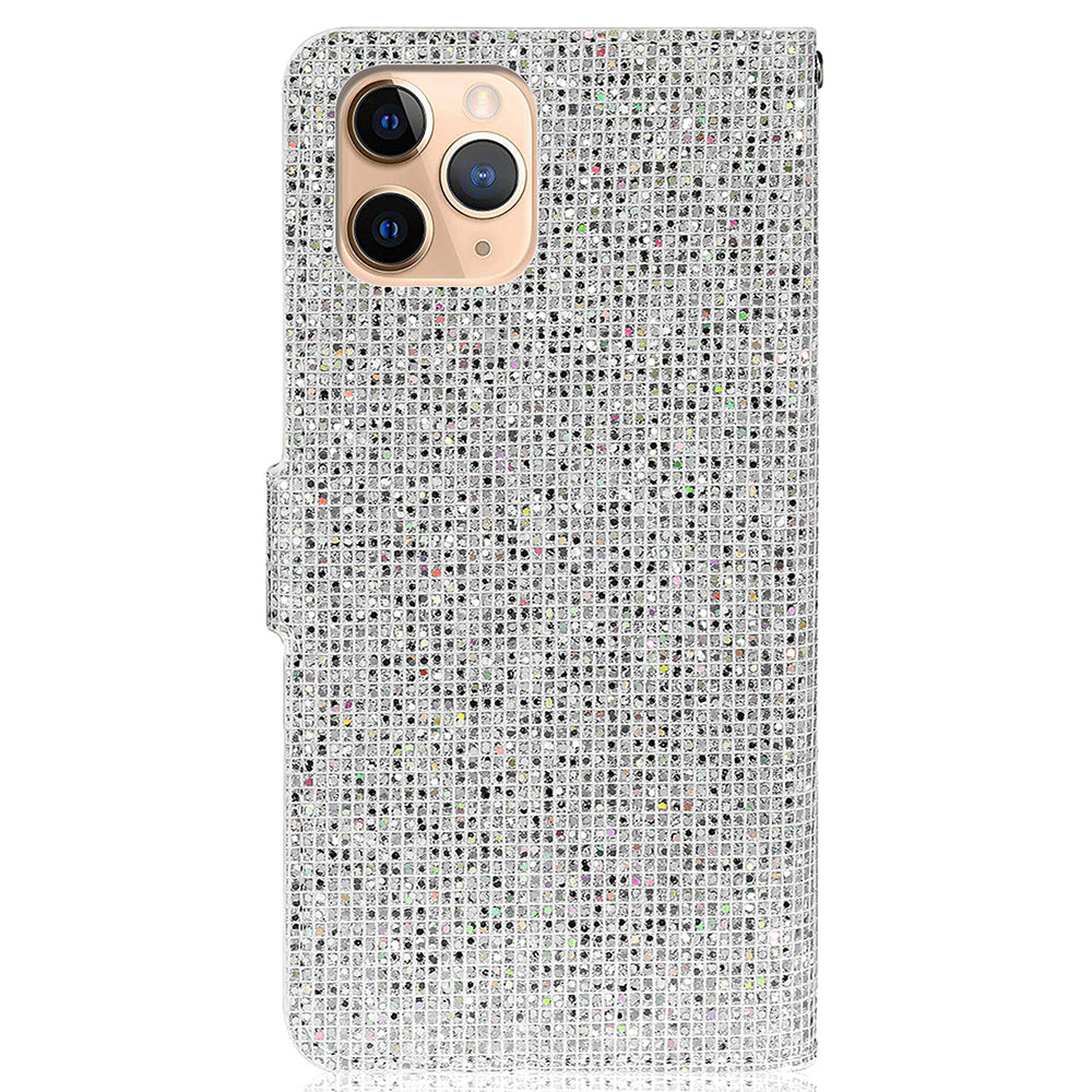 Glittery Powder Leather Wallet Phone Protective Case with Stand and Strap for iPhone 13 Pro Max 6.7 inch