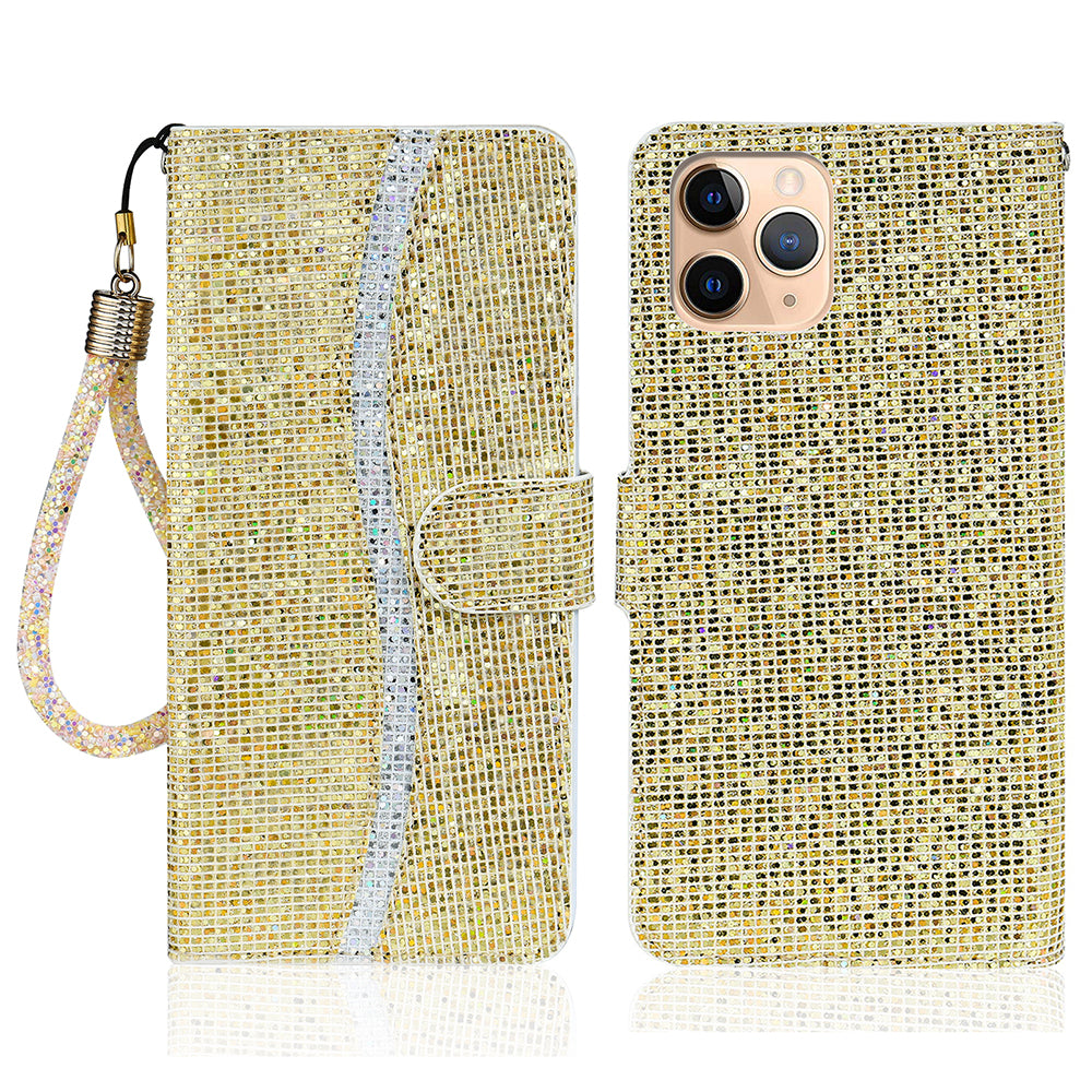 Glittery Powder Leather Wallet Phone Protective Case with Stand and Strap for iPhone 13 Pro Max 6.7 inch