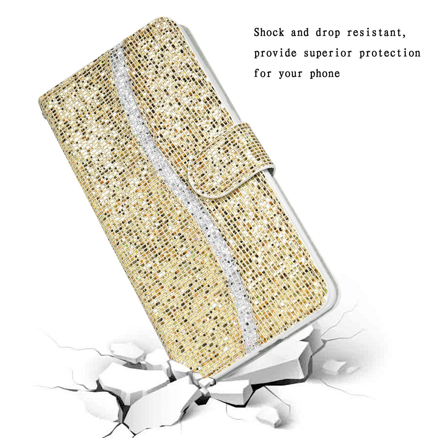 Glittery Powder Leather Wallet Phone Protective Case with Stand and Strap for iPhone 13 Pro Max 6.7 inch