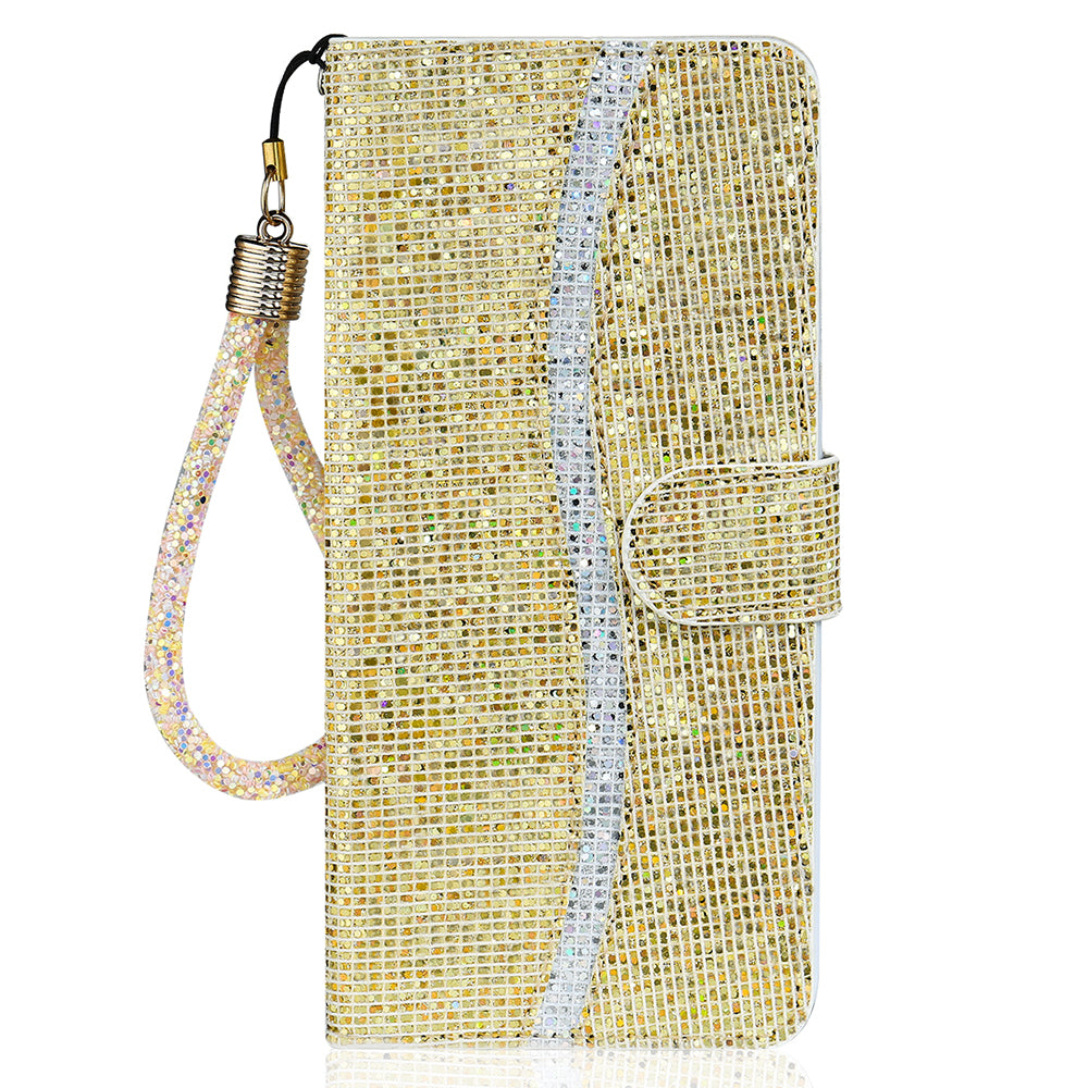 Glittery Powder Leather Wallet Phone Protective Case with Stand and Strap for iPhone 13 Pro Max 6.7 inch
