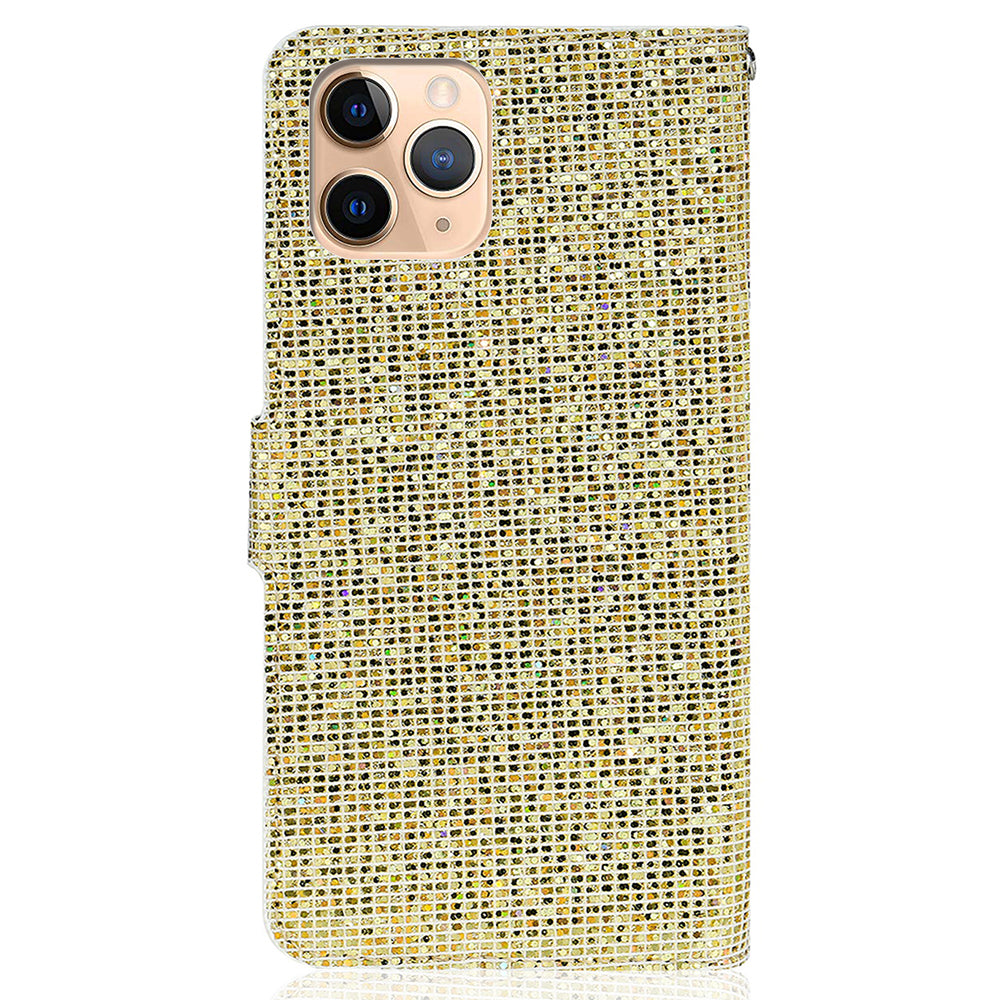 Glittery Powder Leather Wallet Phone Protective Case with Stand and Strap for iPhone 13 Pro Max 6.7 inch