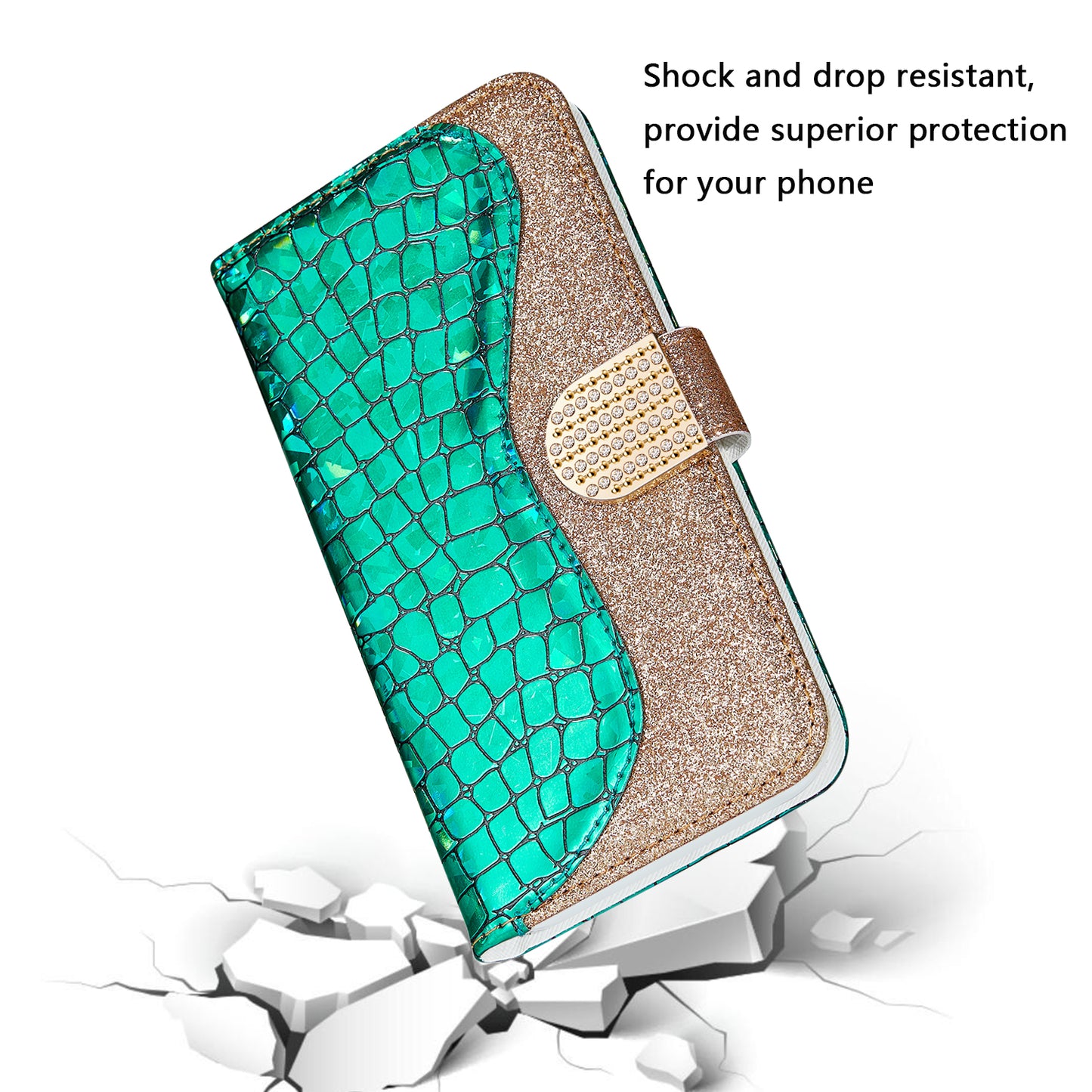 Full Protective Crocodile Texture Glittery Powder Splicing Leather Wallet Case for iPhone 13 Pro 6.1 inch