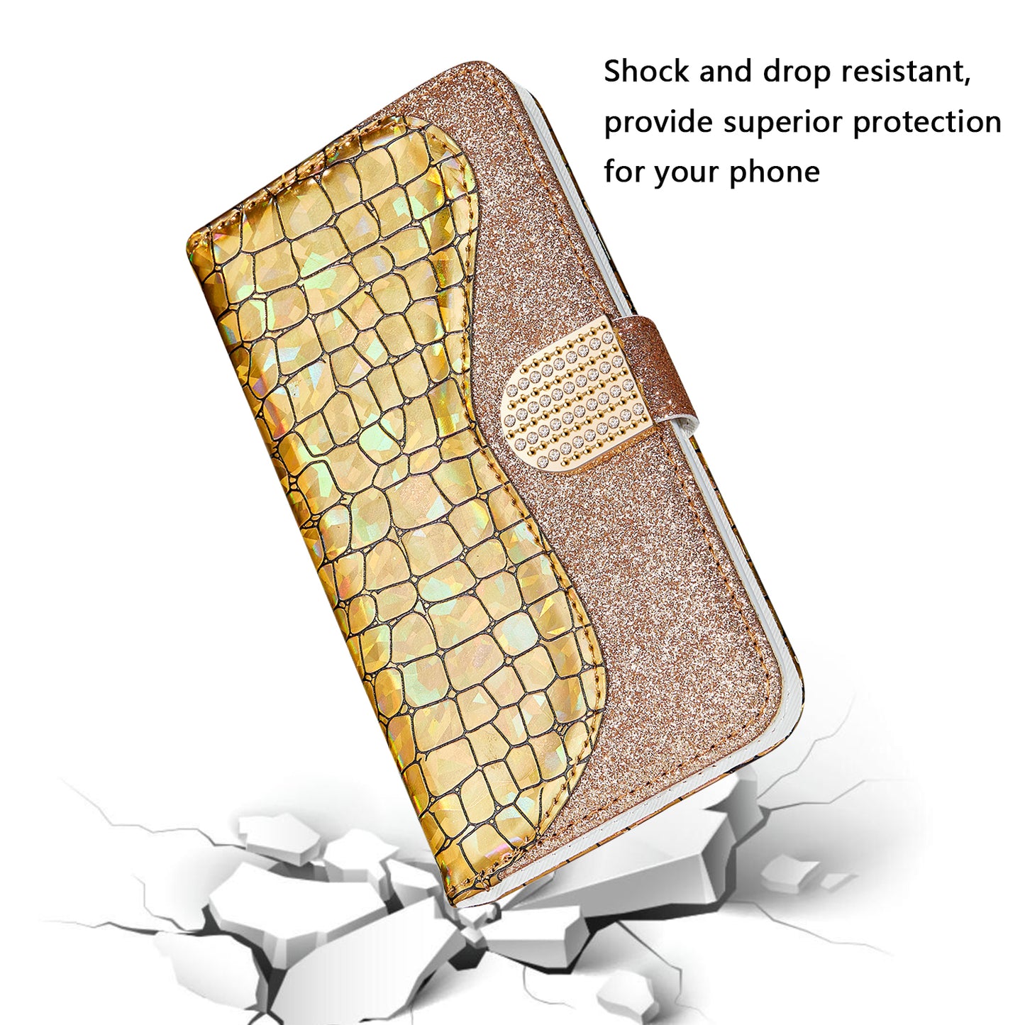 Full Protective Crocodile Texture Glittery Powder Splicing Leather Wallet Case for iPhone 13 Pro 6.1 inch