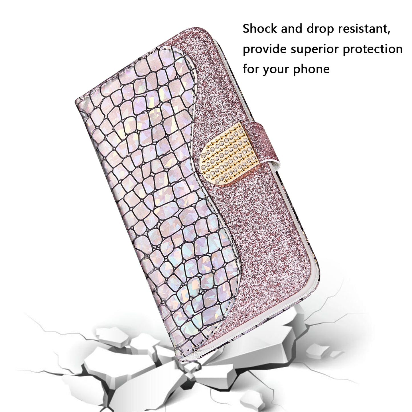 Full Protective Crocodile Texture Glittery Powder Splicing Leather Wallet Case for iPhone 13 Pro 6.1 inch