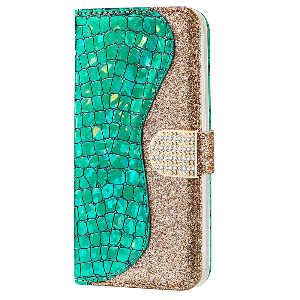 Crocodile Texture Glittery Powder Splicing Leather Wallet Case for iPhone 13 Pro Max 6.7 inch